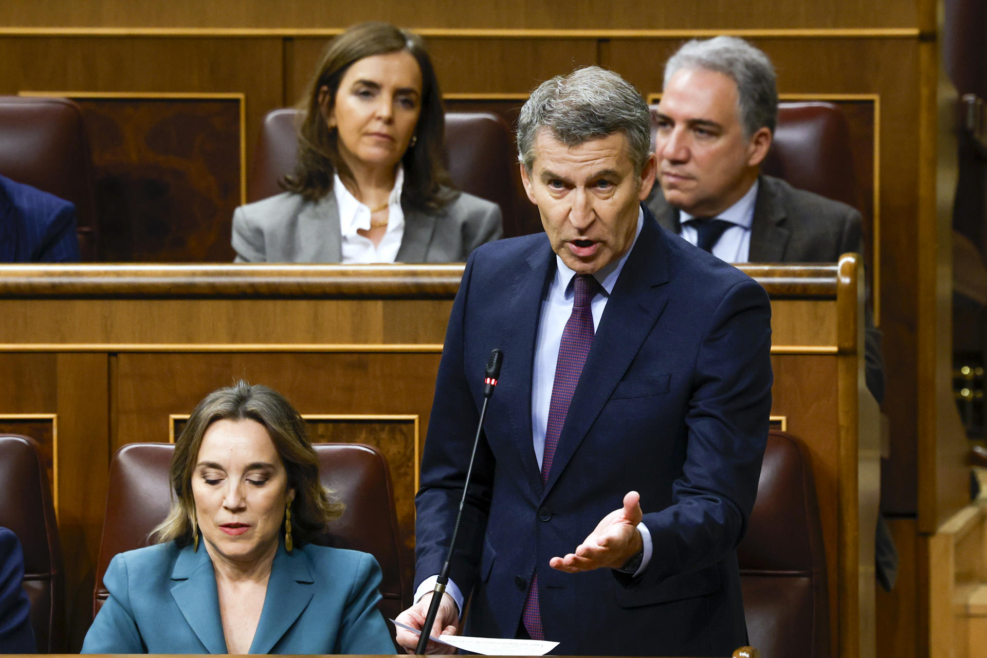 El líder del PP, Alberto Núñez Feijóo, durante su intervención en la primera sesión de control al Gobierno del año este miércoles en el Congreso. EFE/ J.J.Guillen