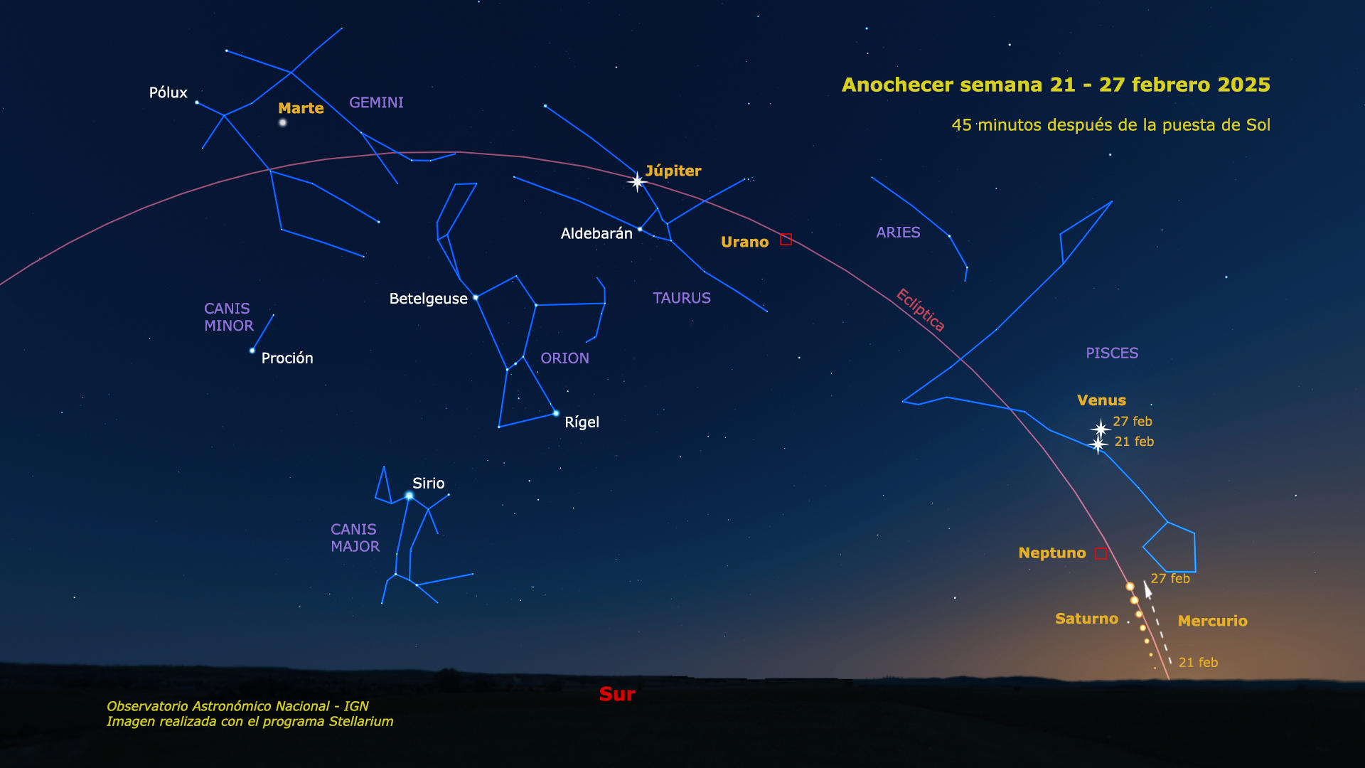 Los siete planetas del sistema solar (además de la Tierra) son durante esta semana visibles al atardecer formando además una aparente alineación sobre una imaginaria línea curva -nunca perfecta- sobre el horizonte. EFE/ Observatorio Astronómico Nacional/SOLO USO EDITORIAL/SOLO DISPONIBLE PARA ILUSTRAR LA NOTICIA QUE ACOMPAÑA (CRÉDITO OBLIGATORIO)