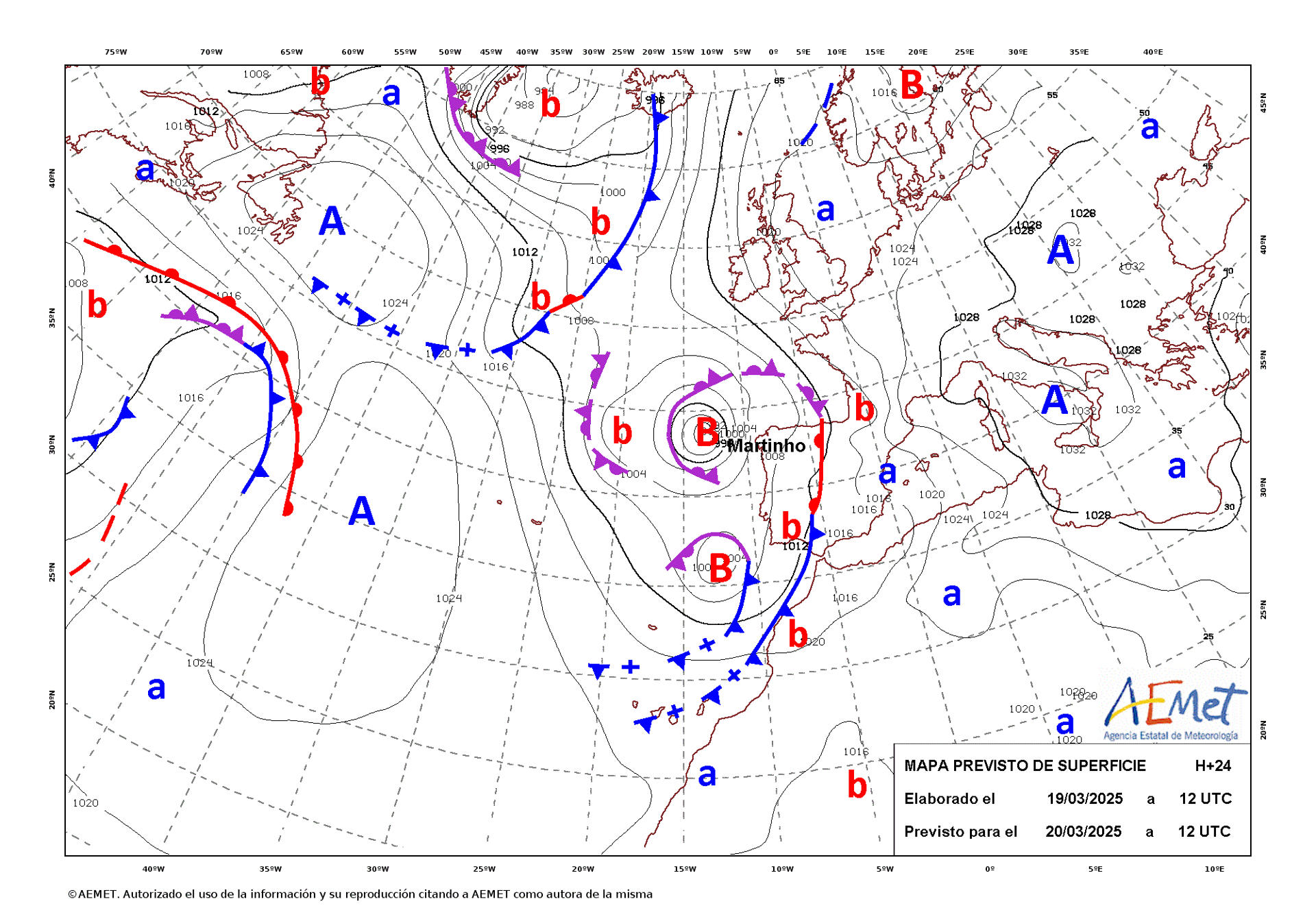 Mapa de isobaras facilitado por la Aemet previsto para el 20/03/2025. EFE ***SOLO USO EDITORIAL/SOLO DISPONIBLE PARA ILUSTRAR LA NOTICIA QUE ACOMPAÑA (CRÉDITO OBLIGATORIO)***