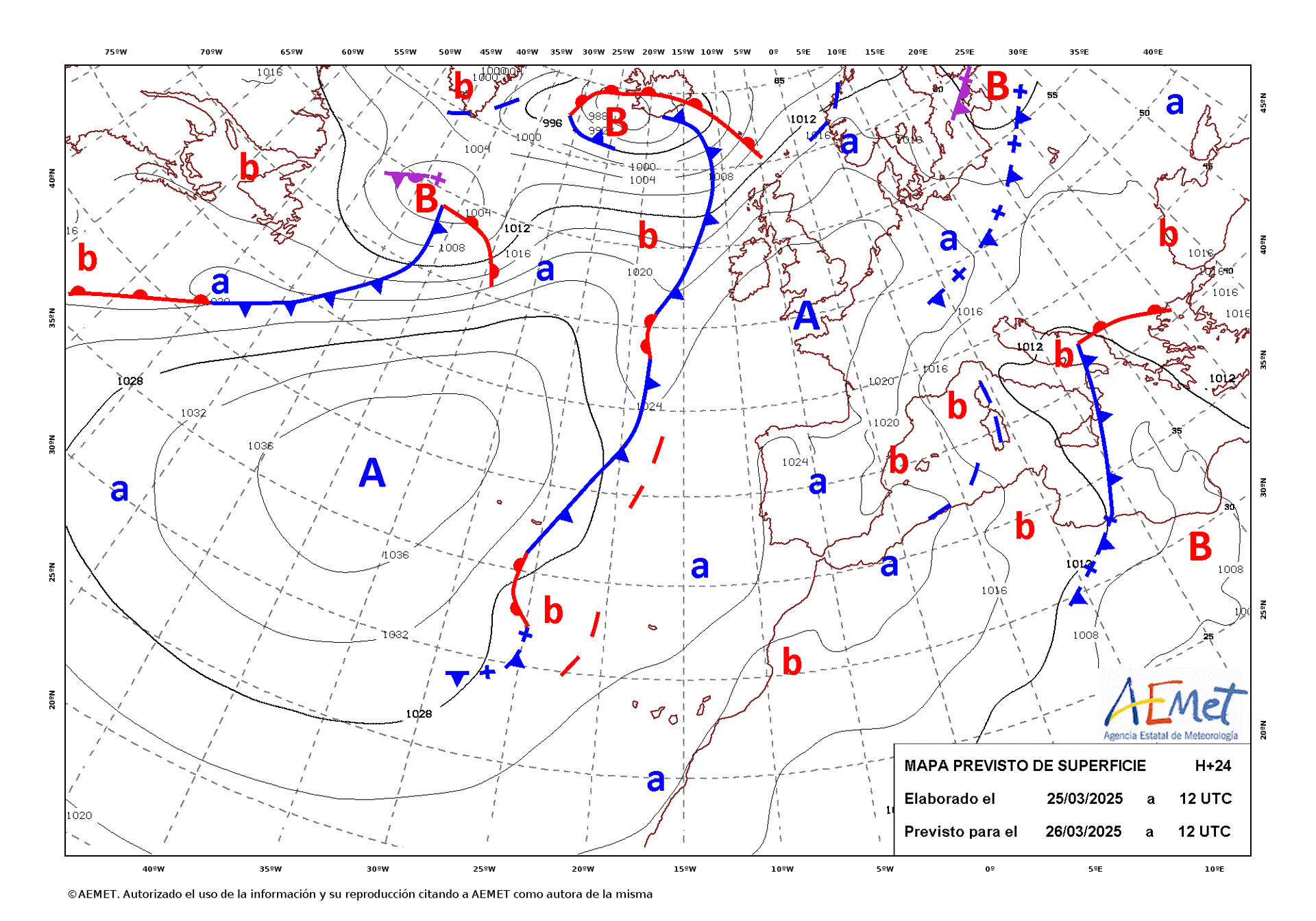 Mapa de isobaras facilitado por la Aemet previsto para el 26/03/2025.- EFE ***SOLO USO EDITORIAL/SOLO DISPONIBLE PARA ILUSTRAR LA NOTICIA QUE ACOMPAÑA (CRÉDITO OBLIGATORIO)***