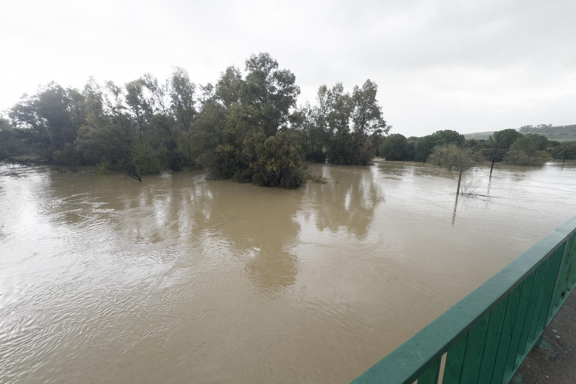 Desbordamiento del rio Guadiamar a su paso por Sanlúcar la Mayor(Sevilla) que tras las fuertes lluvias que han caído durante la madrugada han provocado su desbordamiento y el corte de 13 carreteras en la provincia sevillana, este lunes en el que Andalucía está viviendo una jornada con fuerte temporal sobre todo en la parte occidental de la comunidad. EFE/David Arjona