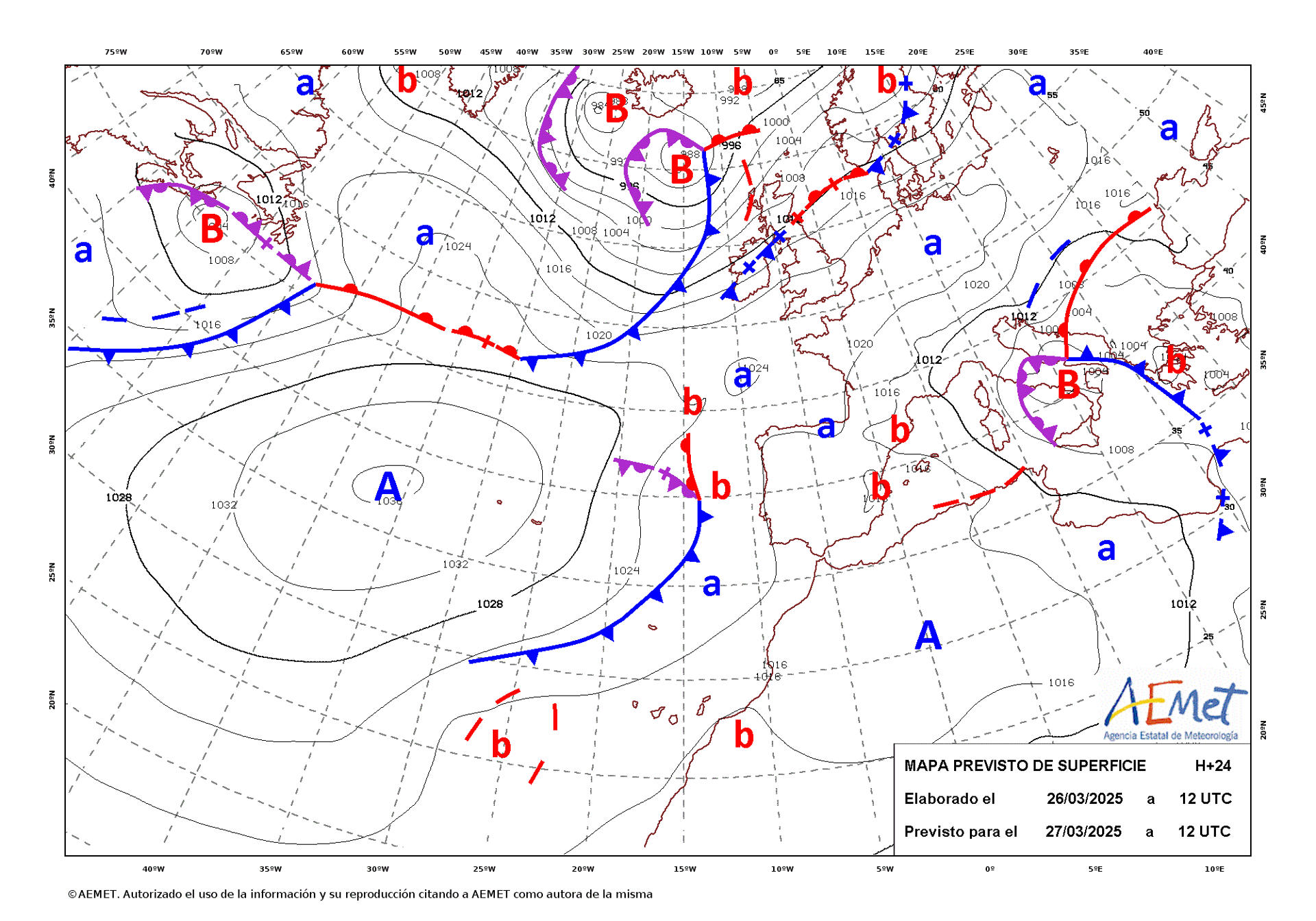 Mapa de isobaras facilitado por la Aemet previsto para el 27/03/2025.- EFE ***SOLO USO EDITORIAL/SOLO DISPONIBLE PARA ILUSTRAR LA NOTICIA QUE ACOMPAÑA (CRÉDITO OBLIGATORIO)***
