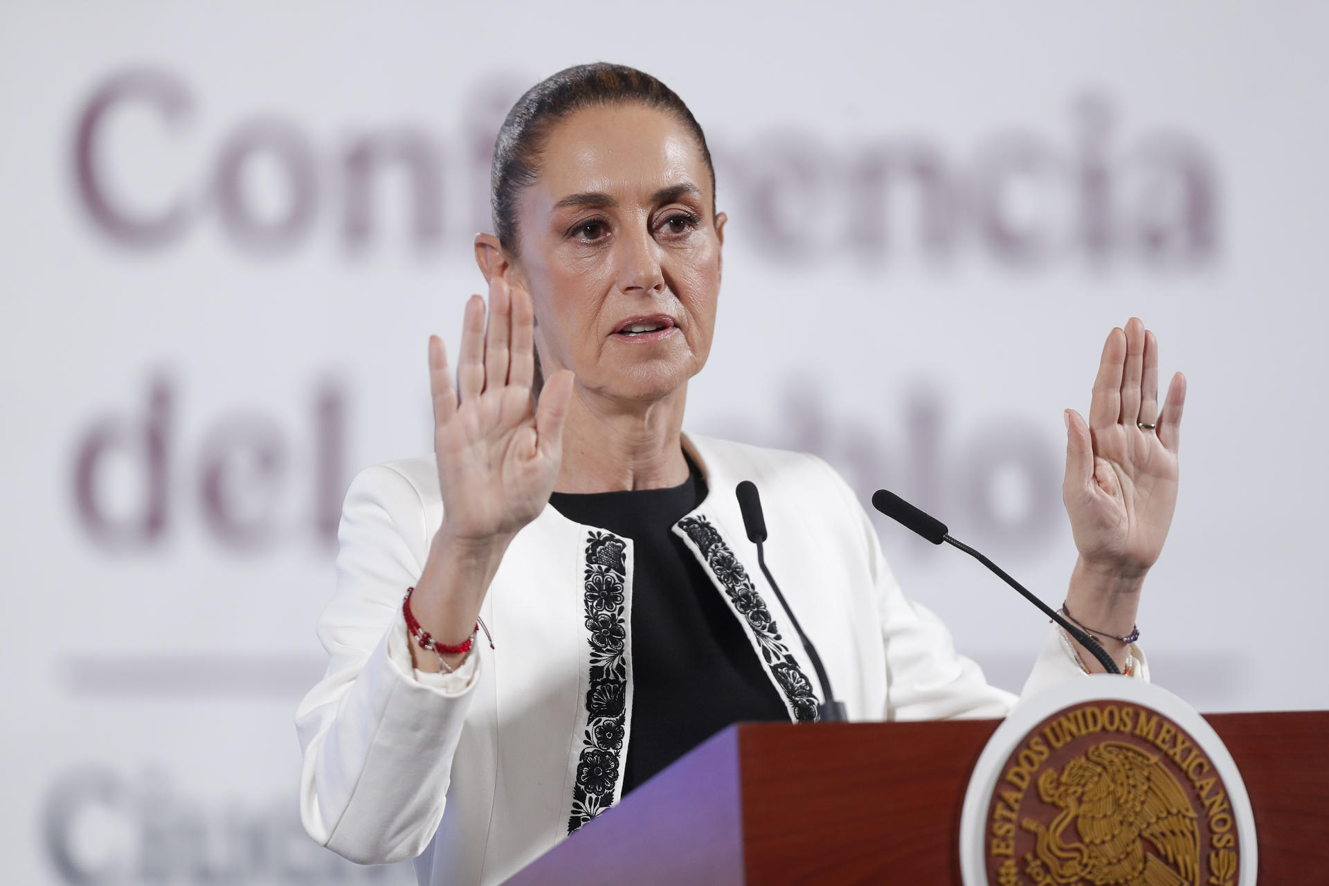 La presidenta de México, Claudia Sheinbaum, habla durante su conferencia matutina en Palacio Nacional de la Ciudad de México (México). EFE/ Isaac Esquivel