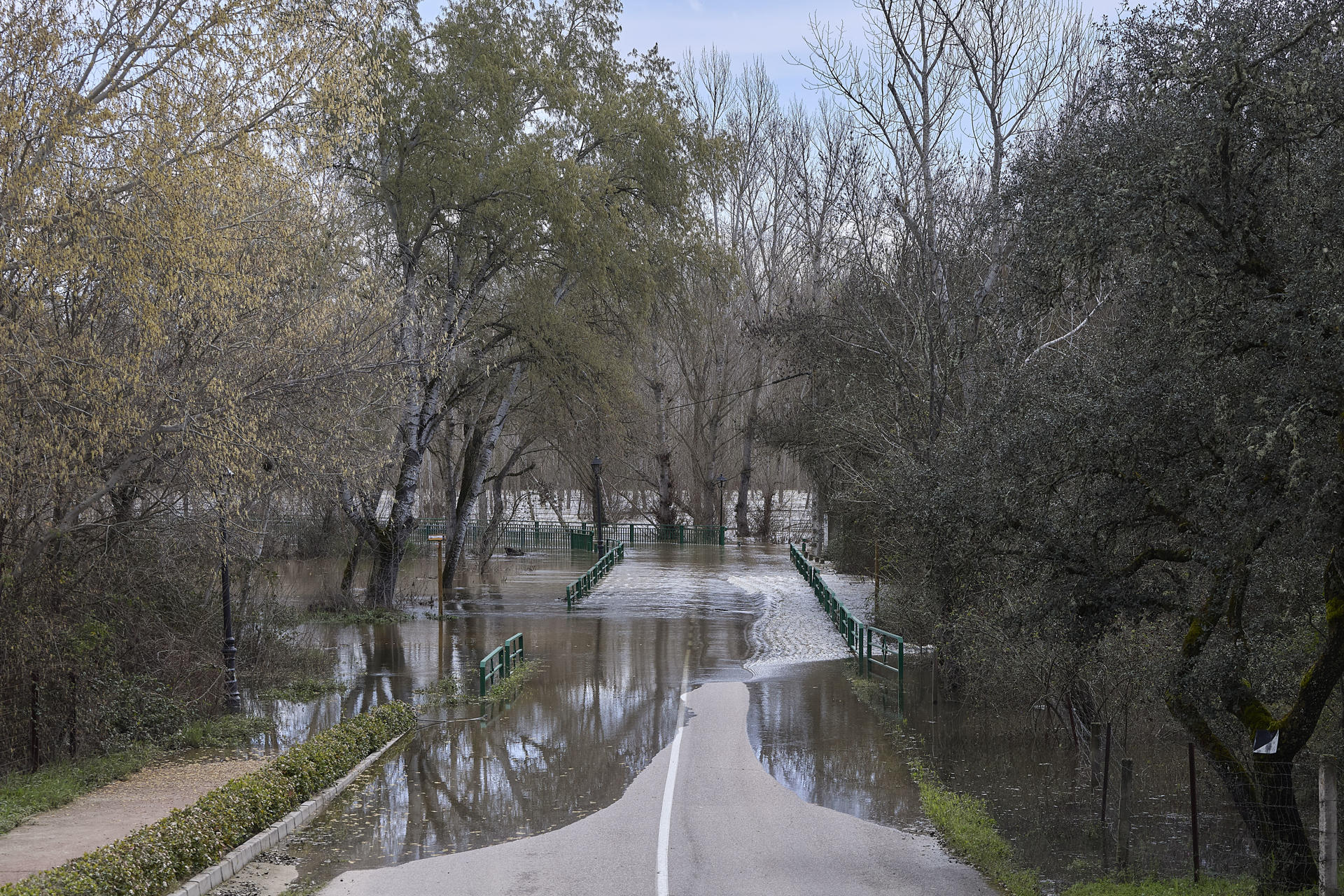 Imagen de archivo de una carretera cortada por el desbordamiento del Río Alberche, en Toledo. EFE/ Manu Reino