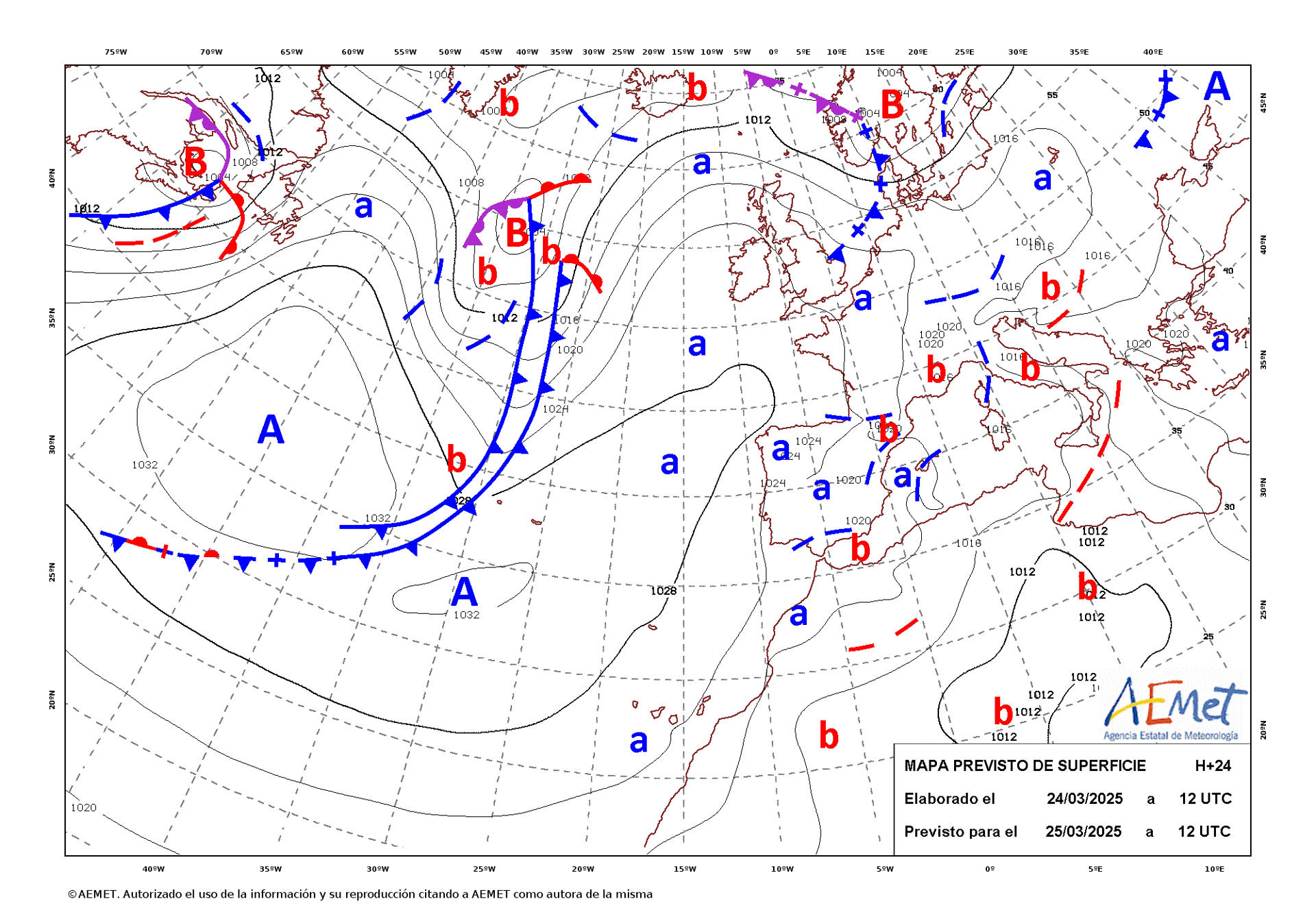 Mapa de isobaras facilitado por la Aemet previsto para el 25/03/2025.- EFE ***SOLO USO EDITORIAL/SOLO DISPONIBLE PARA ILUSTRAR LA NOTICIA QUE ACOMPAÑA (CRÉDITO OBLIGATORIO)***