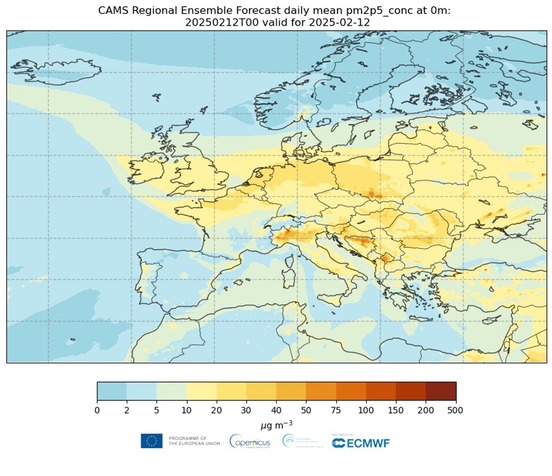 Imagen cedida. EFE/CAMS regional ensemble forecast daily mean PM2.5 surface concentrations from the forecasts initialized at 00 UTC on, and valid for, 12 February 2025. (Source: CAMS / ECMWF)