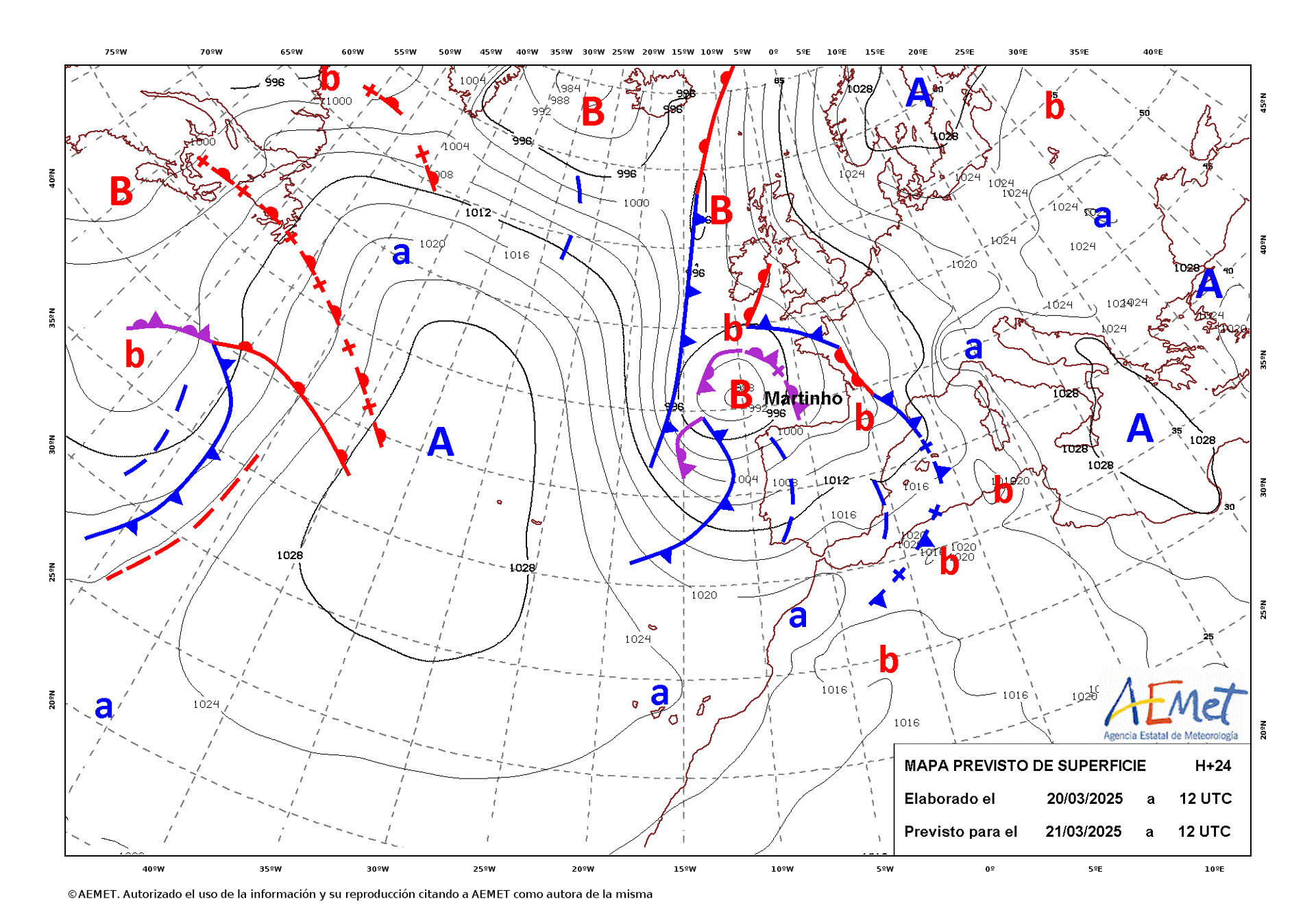 Mapa de isobaras facilitado por la Aemet previsto para el 21/03/2025. EFE ***SOLO USO EDITORIAL/SOLO DISPONIBLE PARA ILUSTRAR LA NOTICIA QUE ACOMPAÑA (CRÉDITO OBLIGATORIO)***