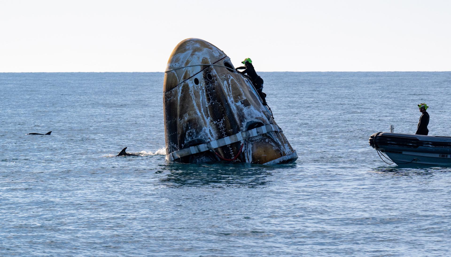 Llegada de la nave espacial Dragon de SpaceX con los astronautas Nick Hague, Suni Williams, Butch Wilmore y el cosmonauta de Roscosmos Aleksandr Gorbunov, en la costa de Tallahassee, Florida, EE.UU., el 18 de marzo de 2025. EFE/ NASA/ Keegan Barber