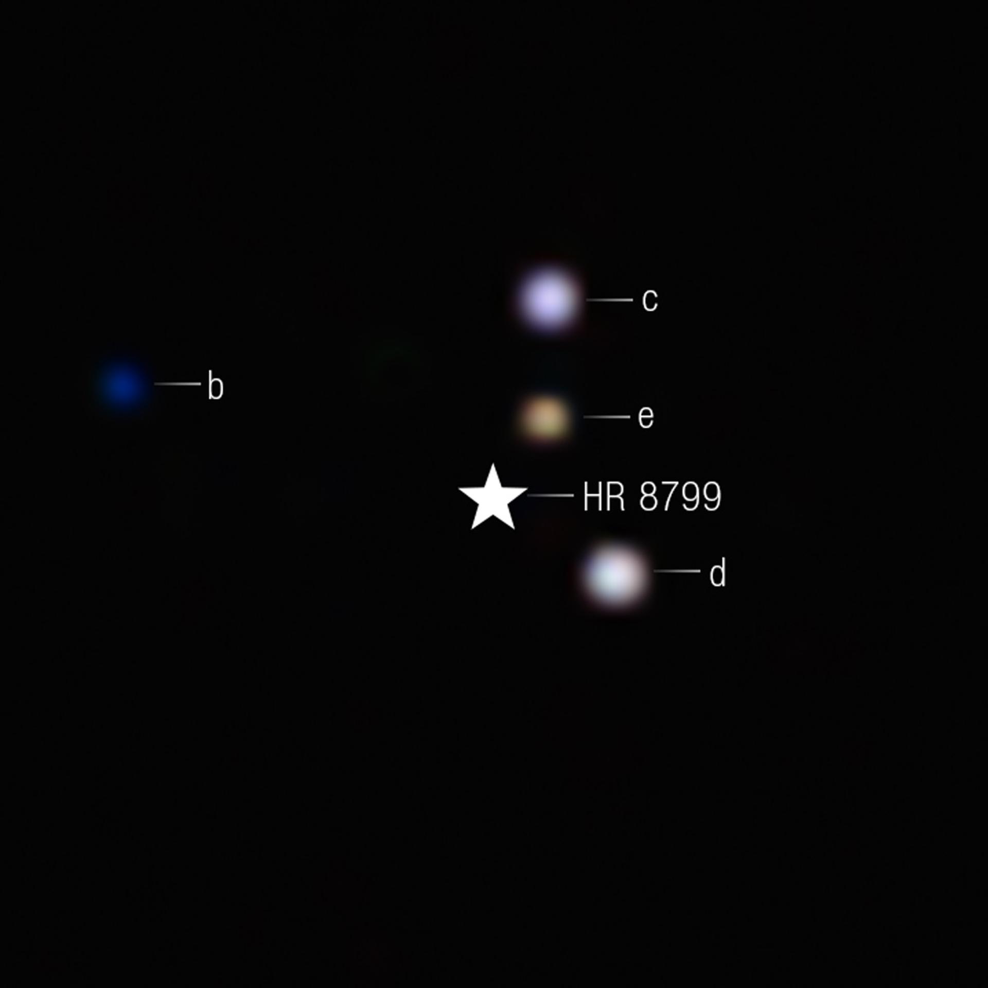La visión más nítida en el infrarrojo del emblemático sistema multiplanetario HR 8799. Los colores se aplican a los filtros de la cámara NIRCam (Near-Infrared Camera) de Webb. Un símbolo de estrella marca la ubicación de la estrella anfitriona HR 8799, cuya luz ha sido bloqueada por el coronógrafo. En esta imagen, el color azul se asigna a la luz de 4,1 micras, el verde a la de 4,3 micras y el rojo a la de 4,6 micras. Crédito:NASA, ESA, CSA, STScI, W. Balmer (JHU), L. Pueyo (STScI), M. Perrin (STScI)