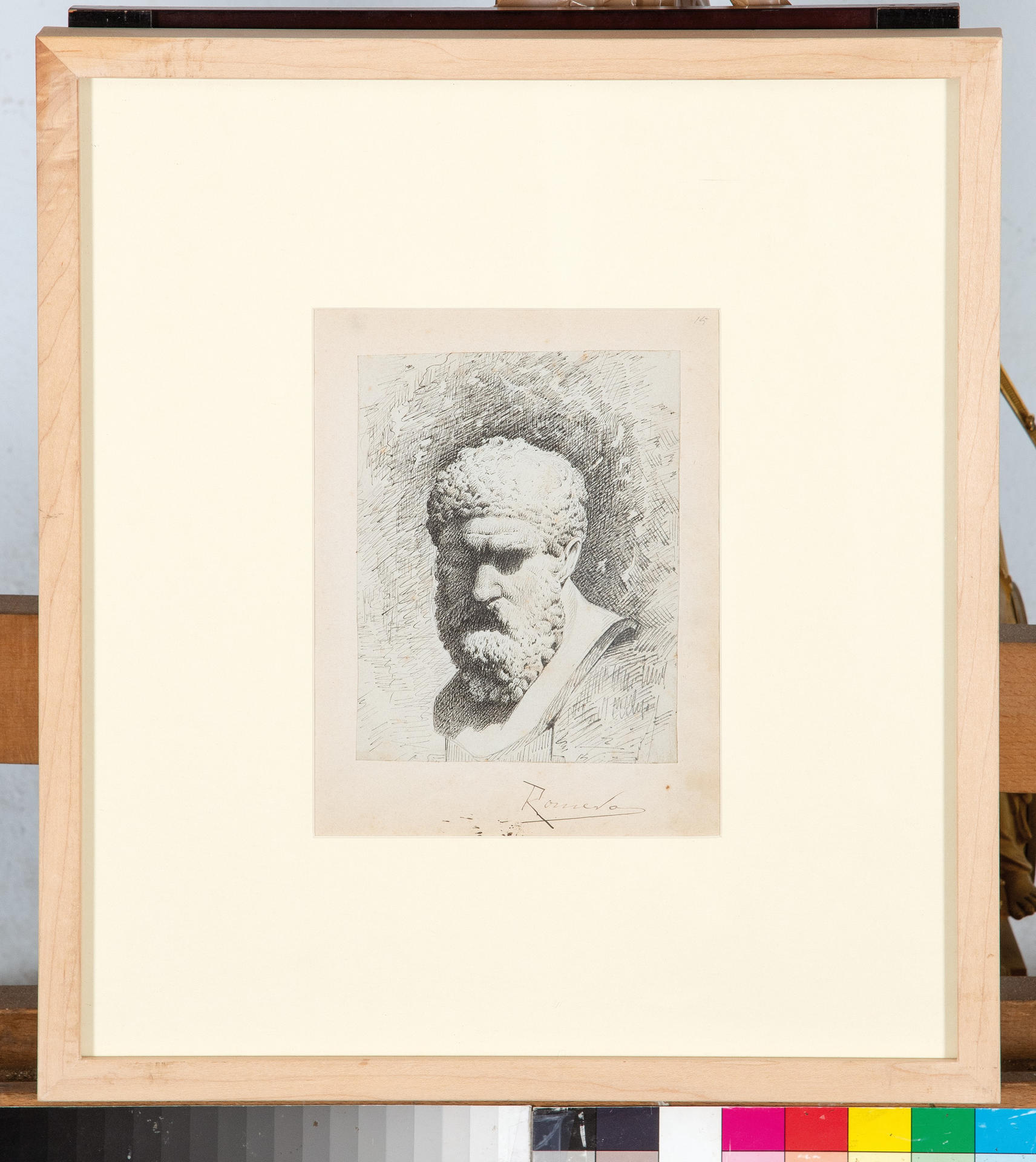 Vista del dibujo de Enrique Romero de Torres (Córdoba, 1872-1956), un busto clásico realizado a tinta sobre papel, de 152 por 115 milímetros, que la empresa de subasta entiende firmado. Al pie del original aparece la firma 'Romero'. EFE/ Subastas Segre SOLO USO EDITORIAL/SOLO DISPONIBLE PARA ILUSTRAR LA NOTICIA QUE ACOMPAÑA (CRÉDITO OBLIGATORIO)