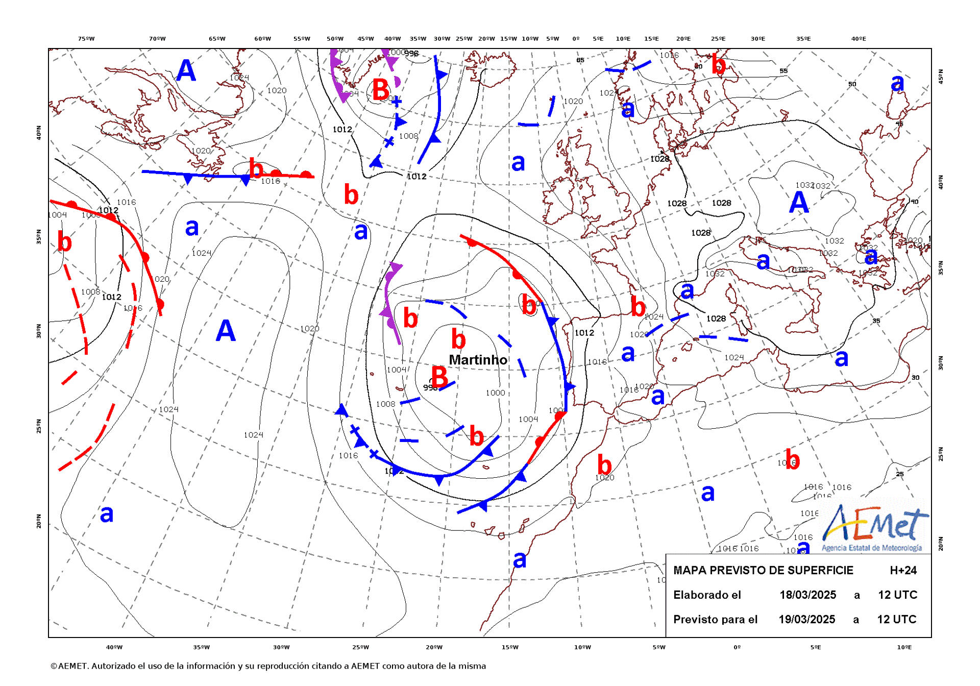 Mapa de isobaras facilitado por la Aemet previsto para el 19/03/2025. EFE ***SOLO USO EDITORIAL/SOLO DISPONIBLE PARA ILUSTRAR LA NOTICIA QUE ACOMPAÑA (CRÉDITO OBLIGATORIO)***