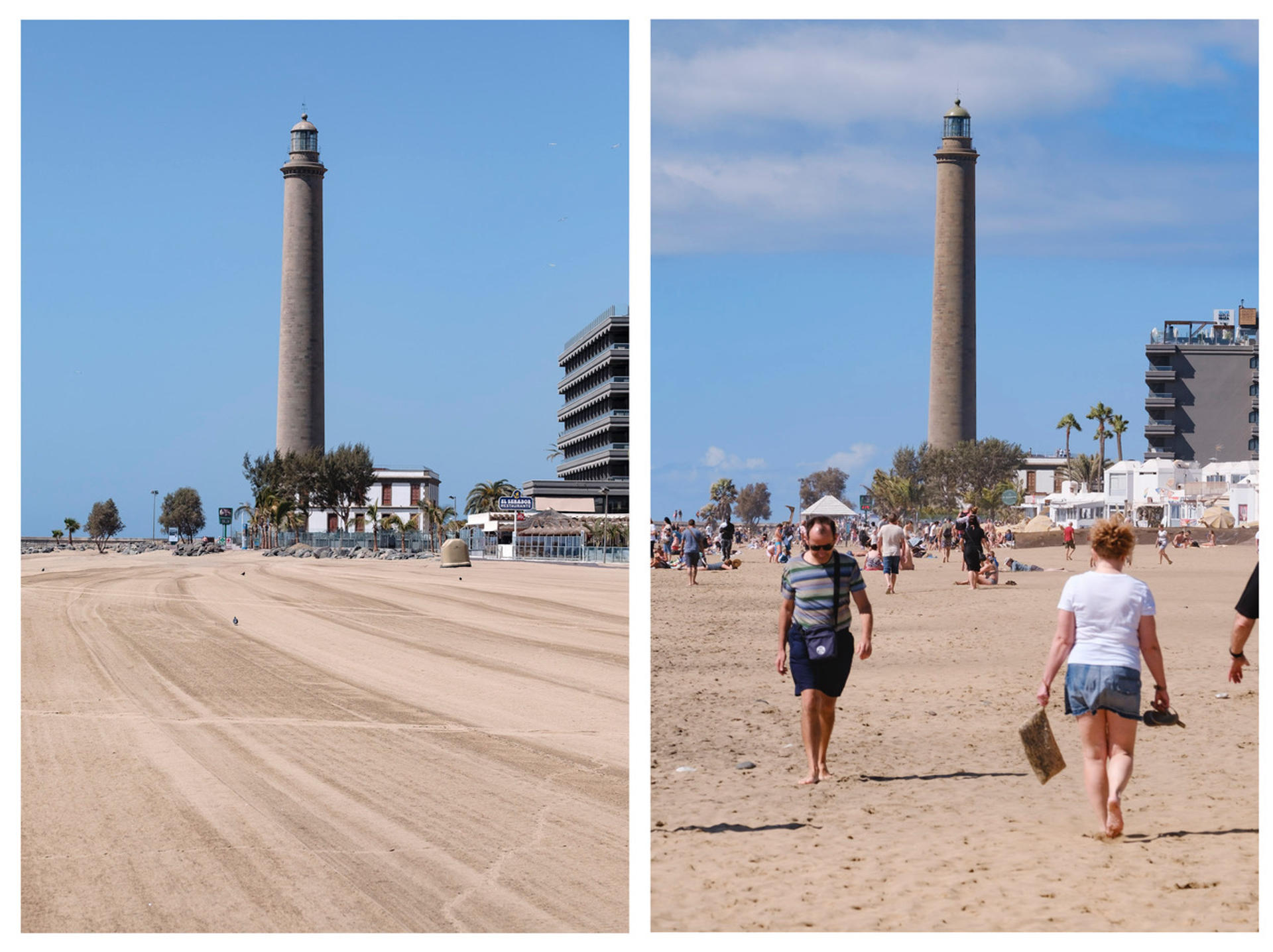 - Con el turismo batiendo de nuevo récords históricos de afluencia y facturación en Canarias y una creciente presión social para ponerle algún tipo de límite, resulta casi distópico pensar en unas islas sin turistas, pero ocurrió hace solo cinco años, en plena temporada alta. En la imagen, la playa de Maspalomas, en San Bartolomé de Tirajana (Gran Canaria), el tercer municipio de España con más pernoctaciones turísticas, tras Madrid y Barcelona, fotografiada el 20 de marzo de 2020 (izda) y el 27 de febrero de 2025 (dcha). EFE/Ángel Medina G.