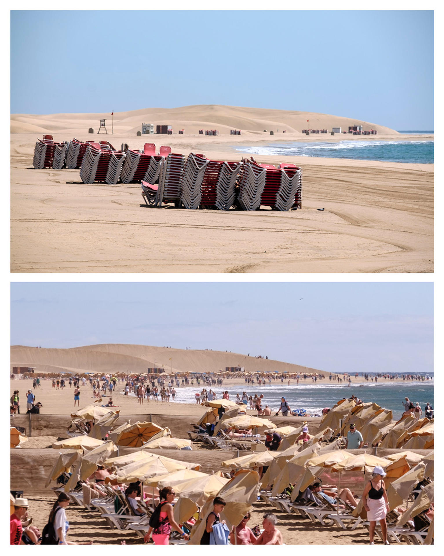 Con el turismo batiendo de nuevo récords históricos de afluencia y facturación en Canarias y una creciente presión social para ponerle algún tipo de límite, resulta casi distópico pensar en unas islas sin turistas, pero ocurrió hace solo cinco años, en plena temporada alta. En la imagen, la playa de Maspalomas, en San Bartolomé de Tirajana (Gran Canaria), el tercer municipio de España con más pernoctaciones turísticas, tras Madrid y Barcelona, fotografiada el 20 de marzo de 2020 (arriba) y el 27 de febrero de 2025. EFE/Ángel Medina G.