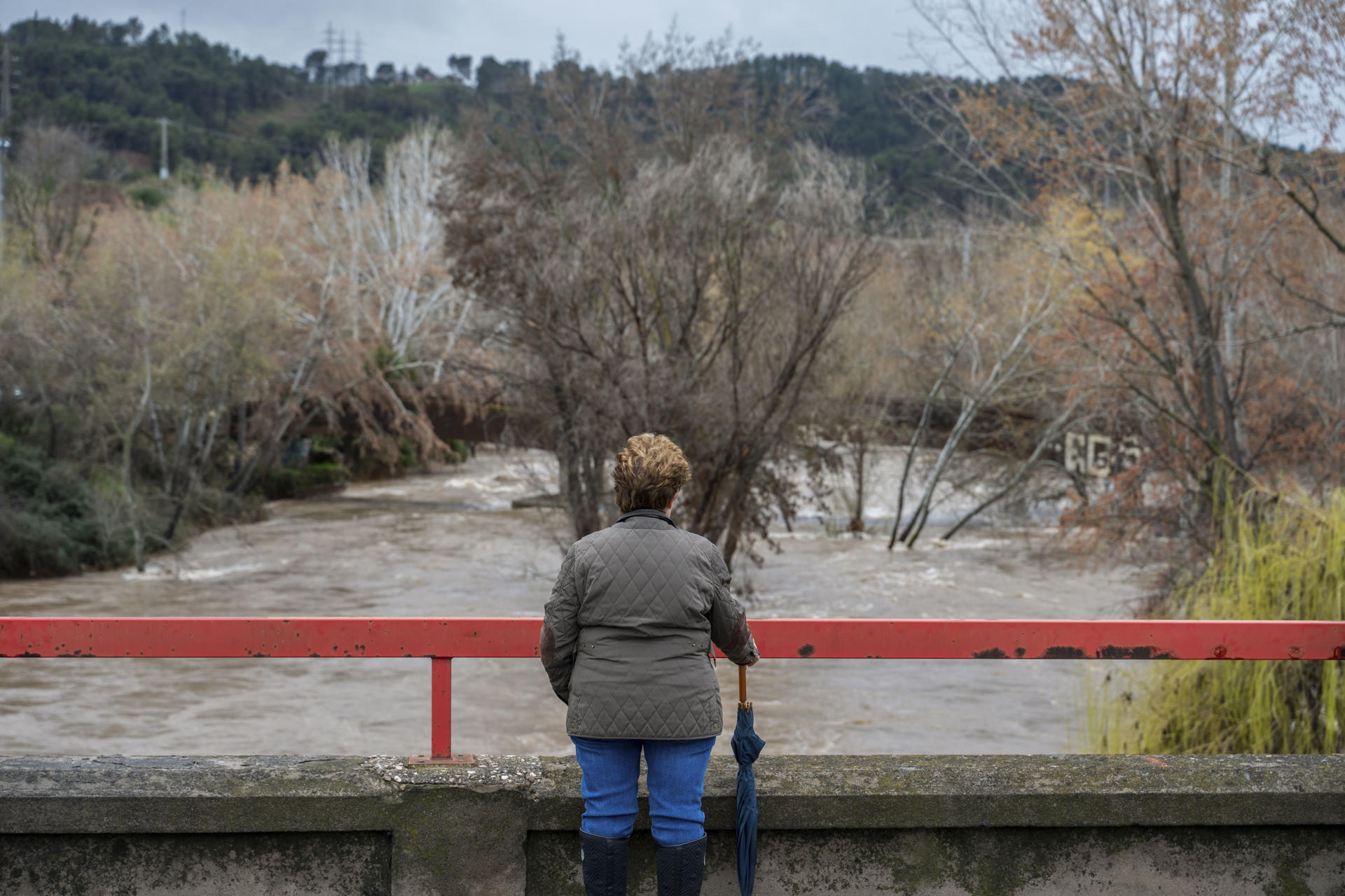 Una mujer observa el caudal del río Henares a su paso por el Puente del Zulema en Alcalá de Henares (Madrid), que ha crecido considerablemente con las últimas lluvias. EFE/ Fernando Villar