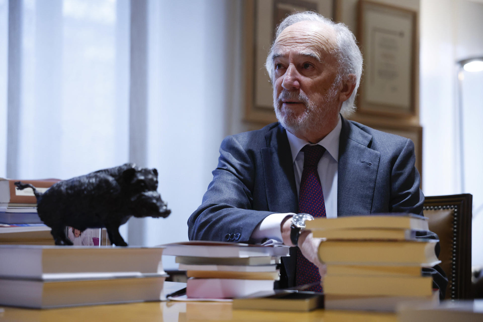 Santiago Muñoz Machado, director de la Real Academia Española (RAE), historiador y catedrático de Derecho Administrativo, durante una entrevista con EFE con motivo de la publicación de 'De la democracia en Hispanoamérica' (Taurus), un ensayo histórico que recorre los hitos de los dos últimos siglos en el subcontinente para comprender los desafíos democráticos actuales. EFE/Juan Carlos Hidalgo