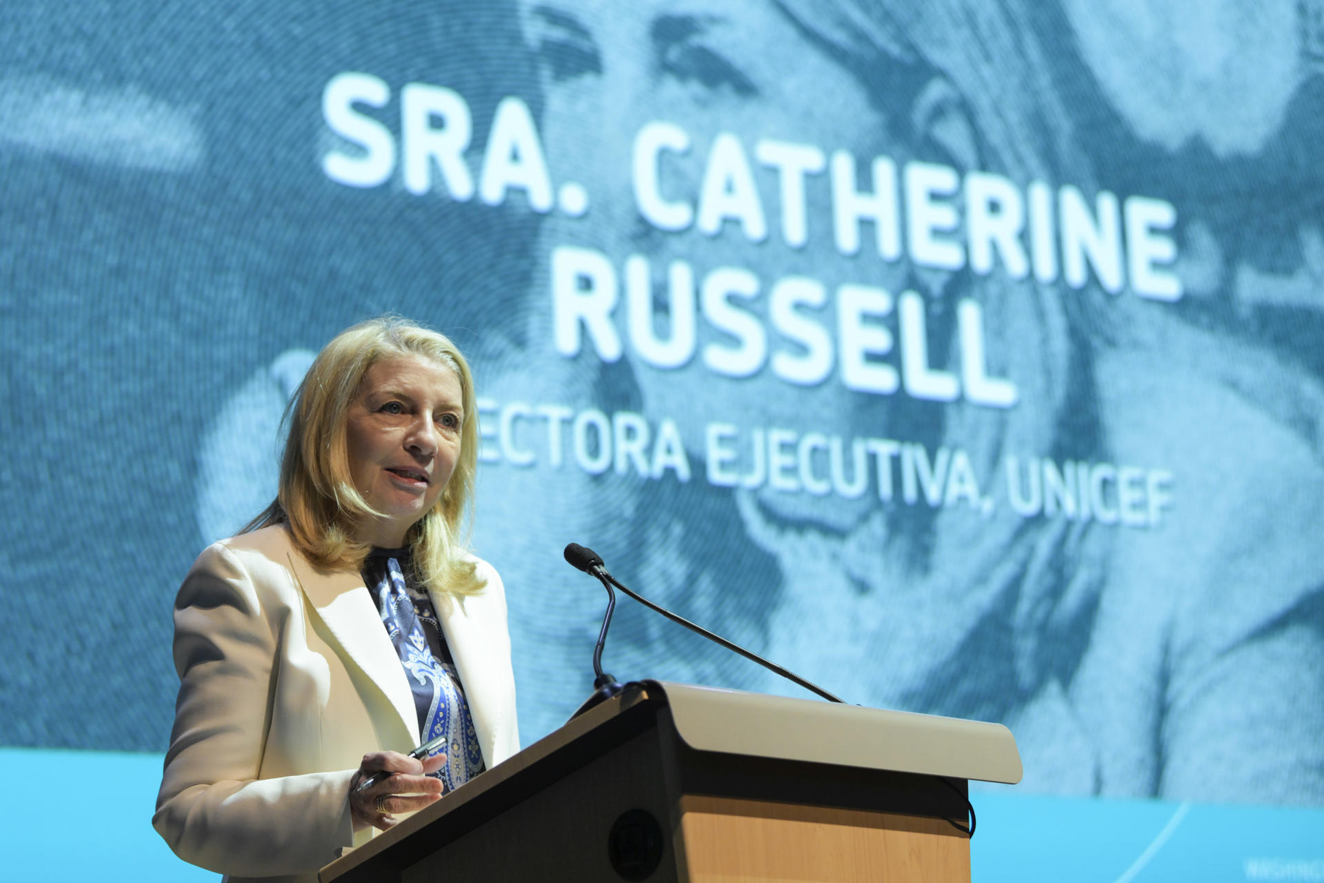 Fotografía de archivo en la que se registró a la directora ejecutiva de Unicef, Catherine Russell, durante una conferencia, en Washington DC (EEUU). EFE/Lenin Nolly