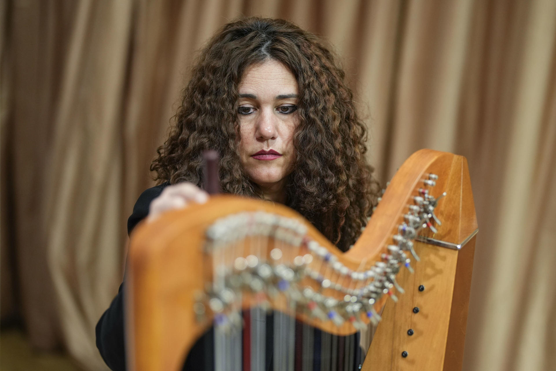 La jerezana Ana Crismán, la primera arpista de flamenco en el mundo, que acaba de presentar su disco "Arpaora", que se ha propuesto ampliar los sonidos del flamenco desde la nada, porque no tenía ningún referente, tocará mañana, sábado, en el Festival 'Ellas Crean'. EFE/ Borja Sanchez-Trillo