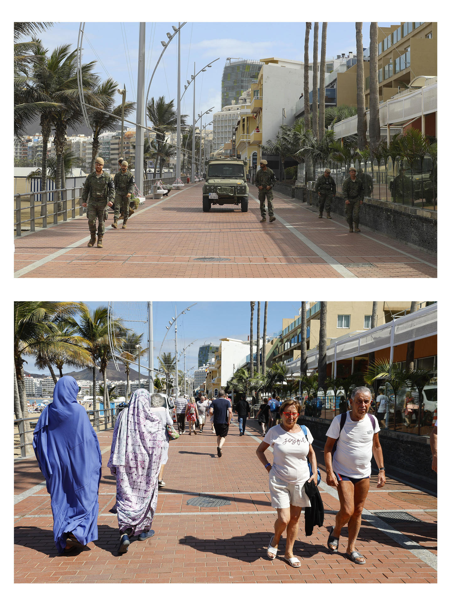 Con el turismo batiendo de nuevo récords históricos de afluencia y facturación en Canarias y una creciente presión social para ponerle algún tipo de límite, resulta casi distópico pensar en unas islas sin turistas, pero ocurrió hace solo cinco años, en plena temporada alta. En la imagen, el paseo de la playa de Las Canteras, la referencia turística de Las Palmas de Gran Canaria, fotografiada el 20 de marzo de 2020 (arriba) y el 26 de febrero de 2025. EFE/Elvira Urquijo Á.