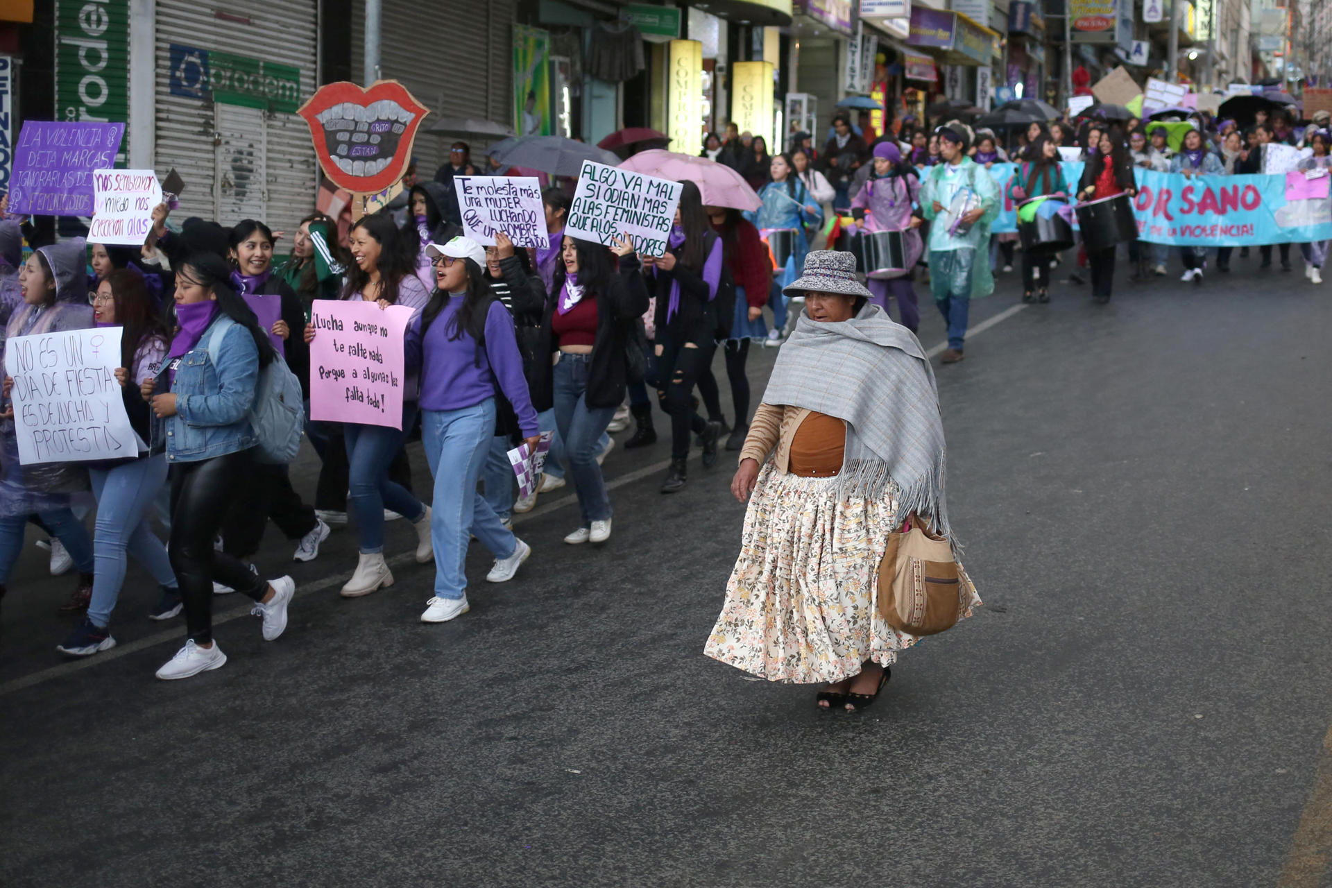 Una mujer aimara participa durante una marcha por el Día Internacional de la Mujer este viernes en La Paz (Bolivia). EFE/Luis Gandarillas