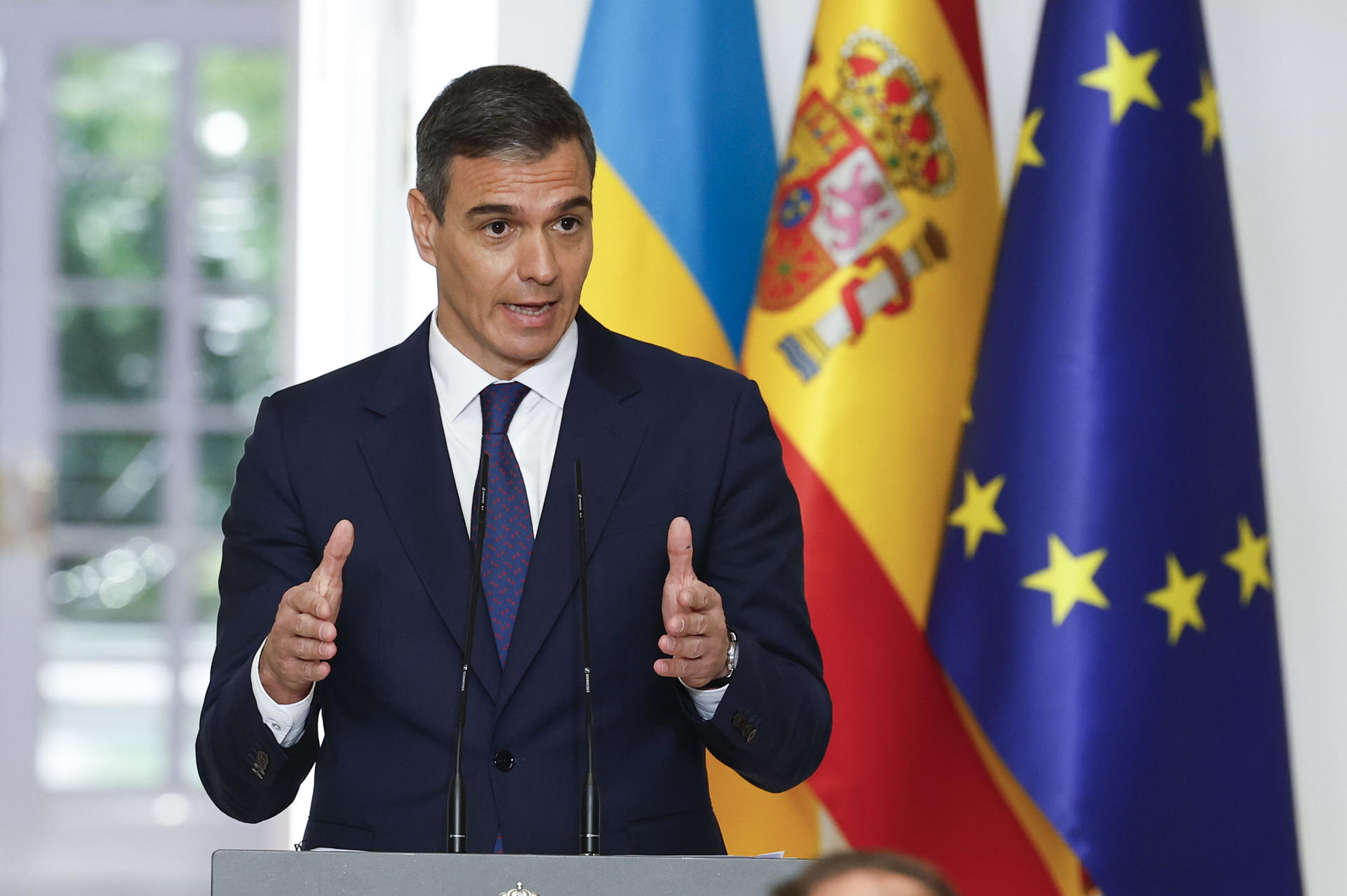 El presidente del Gobierno, Pedro Sánchez, en una rueda de prensa en Moncloa en mayo de 2024. EFE/ Chema Moya