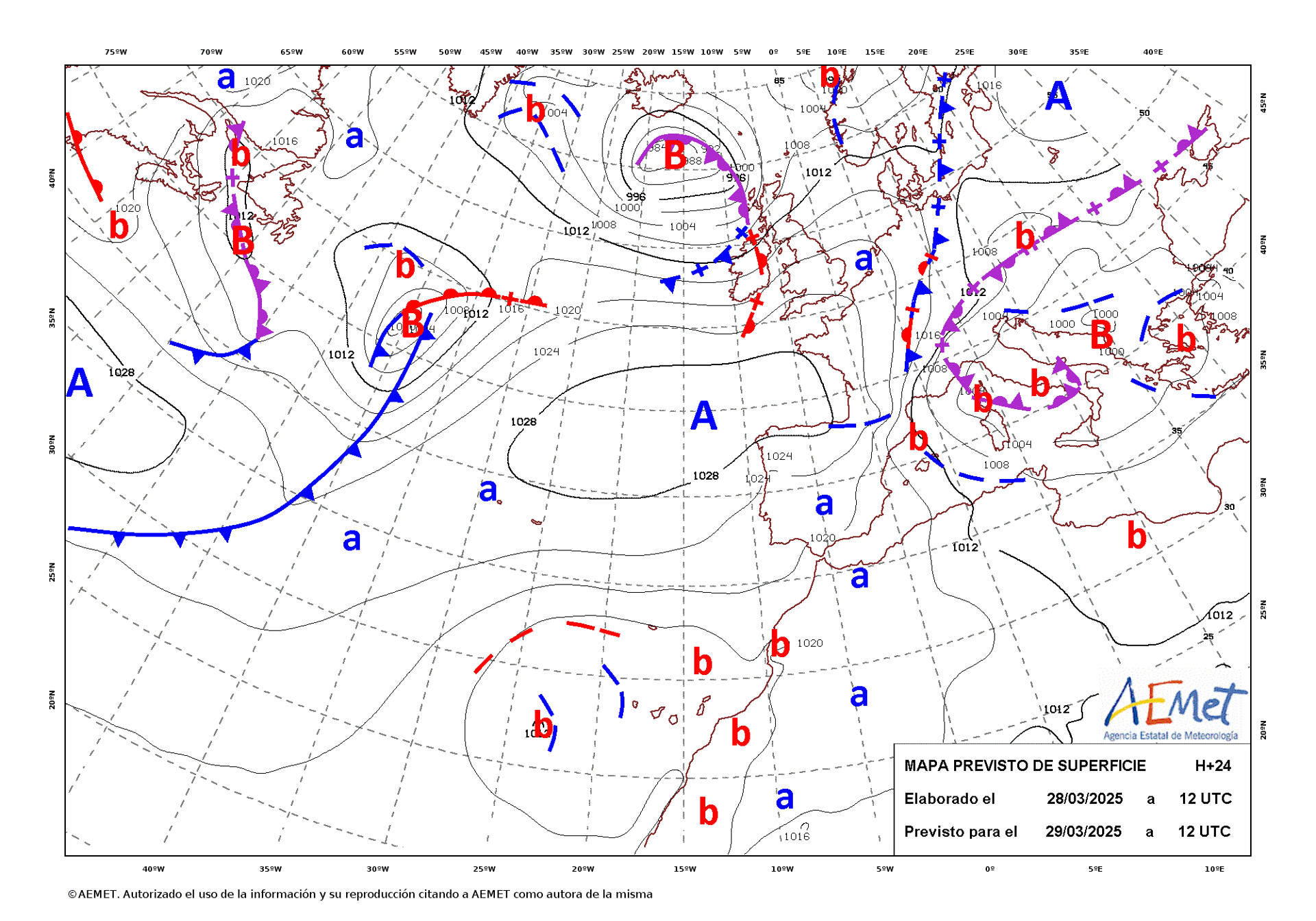 Mapa de isobaras facilitado por la Aemet previsto para el 29/03/2025.- EFE ***SOLO USO EDITORIAL/SOLO DISPONIBLE PARA ILUSTRAR LA NOTICIA QUE ACOMPAÑA (CRÉDITO OBLIGATORIO)***