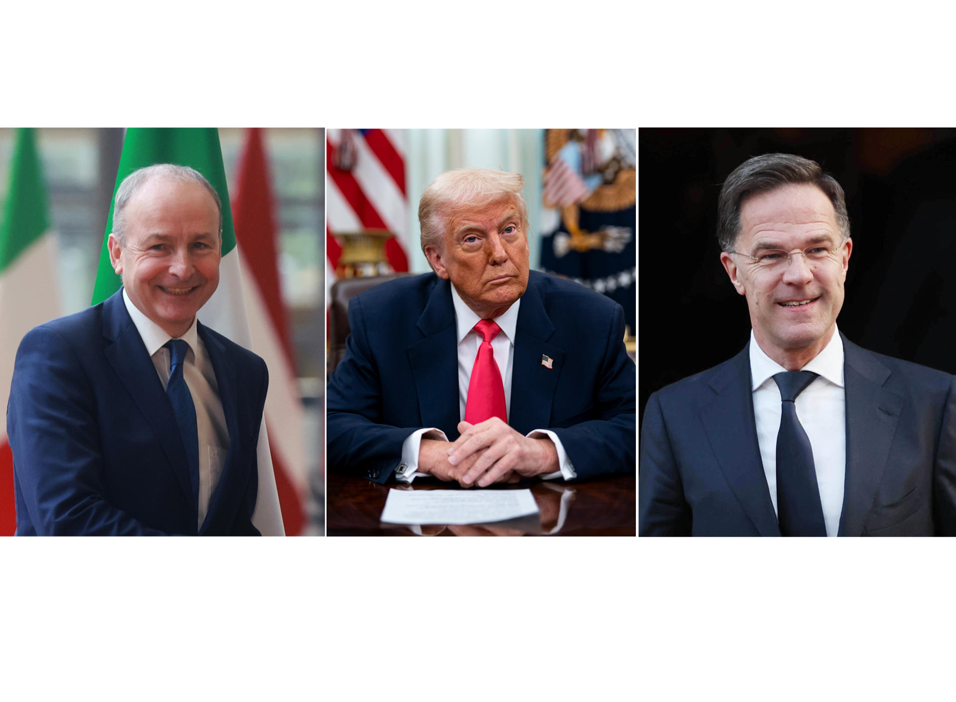 Combo de fotografías de archivo que muestra de izquierda a derecha: al primer ministro irlandés, Micheál Martin; el presidente de Estados Unidos, Donald Trump, y al secretario general de la OTAN, Mark Rutte. EFE/ARCHIVO