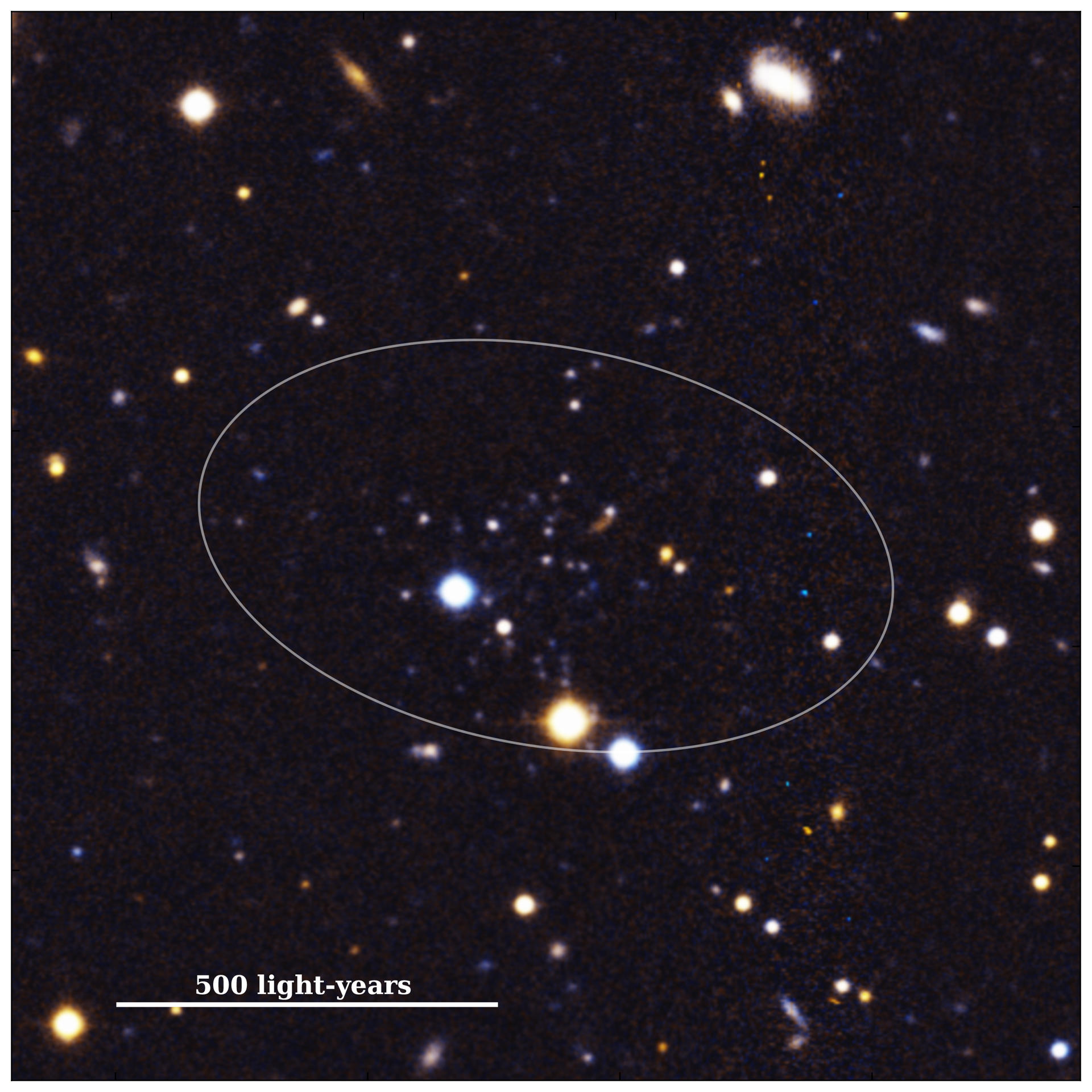 Andrómeda XXXV no sólo es la galaxia satélite más débil y pequeña conocida del sistema de Andrómeda, sino que se encuentra a unos 3 millones de años luz de distancia, por lo que es muy difícil de detectar. La elipse del recuadro muestra dónde se descubrió esta galaxia. Investigador principal: Alan W. McConnachie; Procesamiento de imágenes: Marcos Arias