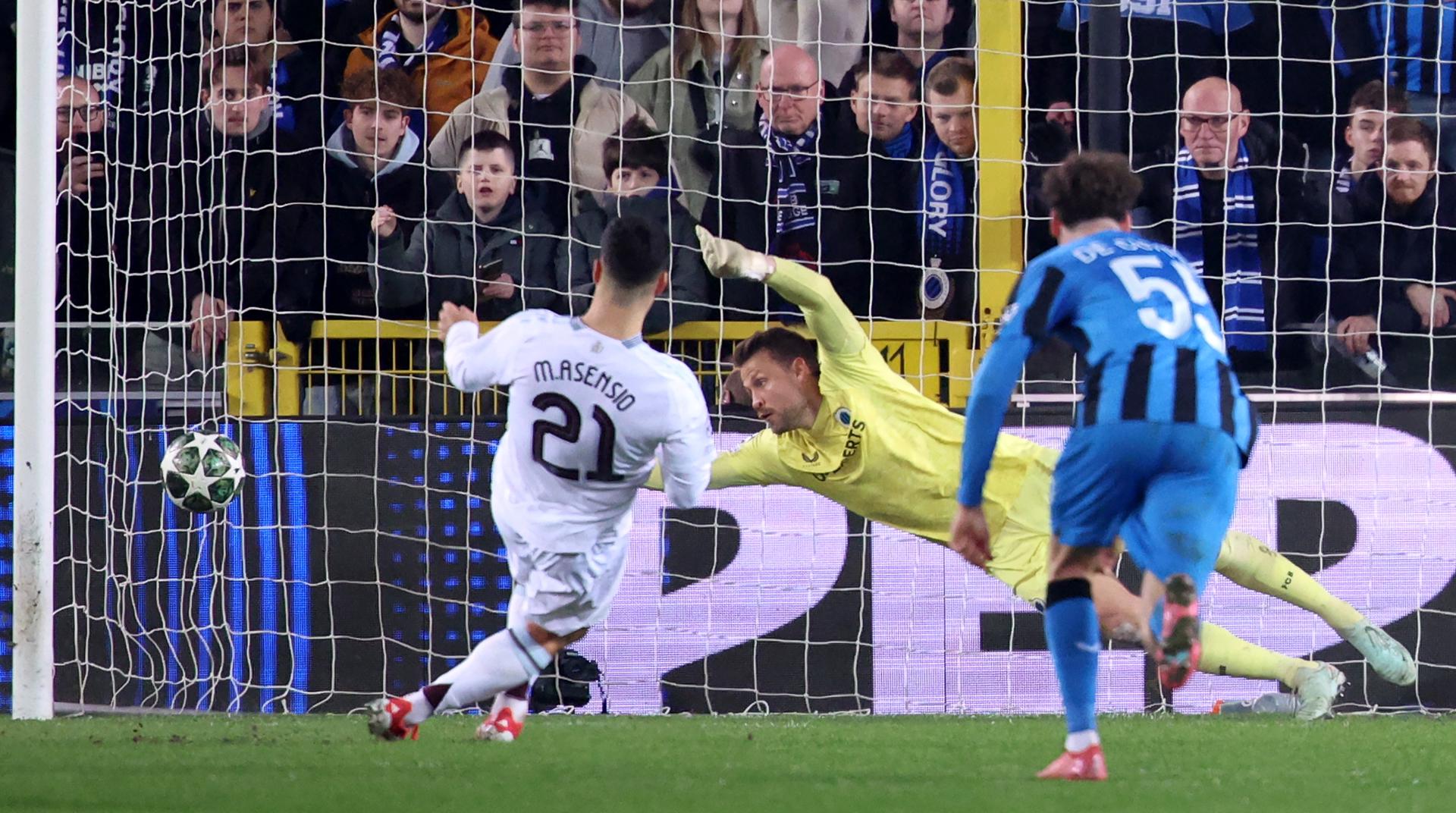 Marco Asensio marca contra el Brujas este miércoles en Liga de Campeones. EFE/OLIVIER MATTHYS