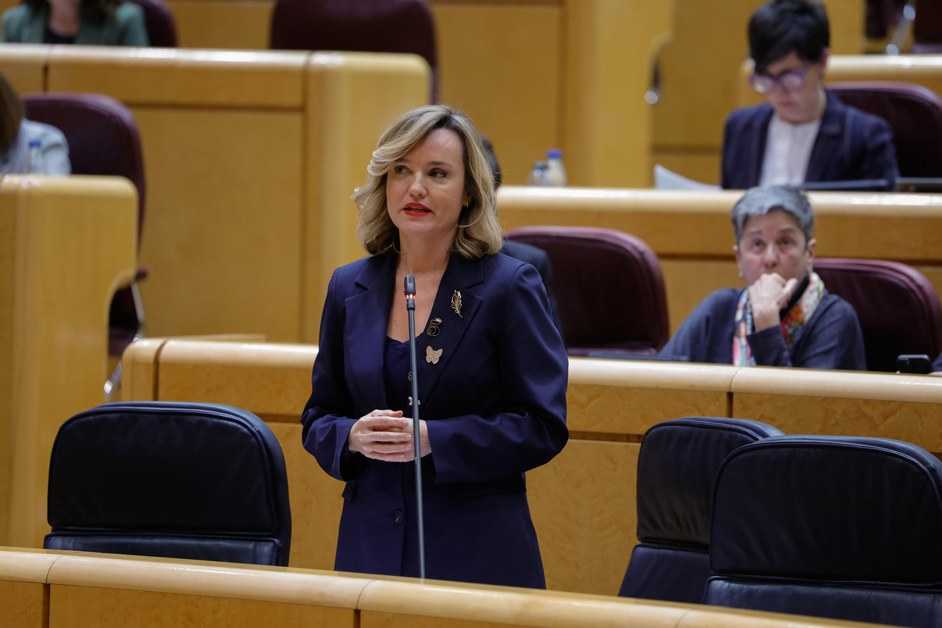 La ministra de Educación y Formación Profesional, Pilar Alegría, interviene en la sesión del pleno del Senado este martes, en Madrid. EFE/ Zipi Aragón