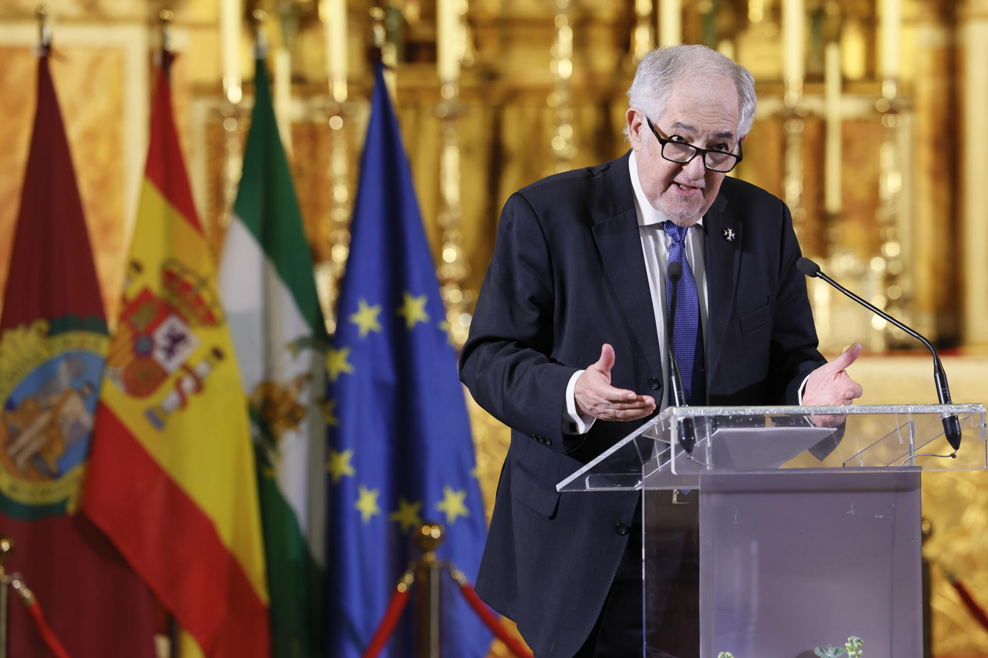 El presidente del Tribunal Constitucional, Cándido Conde Pumpido, durante un acto institucional este martes en Cádiz, cuna del constitucionalismo español, como parte de los actos de conmemoración, el próximo mes de julio, de los 45 años de la creación del Tribunal Constitucional. EFE/ José Manuel Vidal