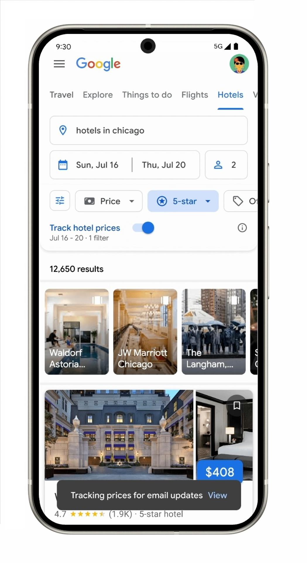 Imagen cedida por Google donde se muestra una página con un rastreador de precios para hoteles que podrá mandar alertas a los usuarios si los precios bajan, según anunció la compañía este jueves. EFE/Google
