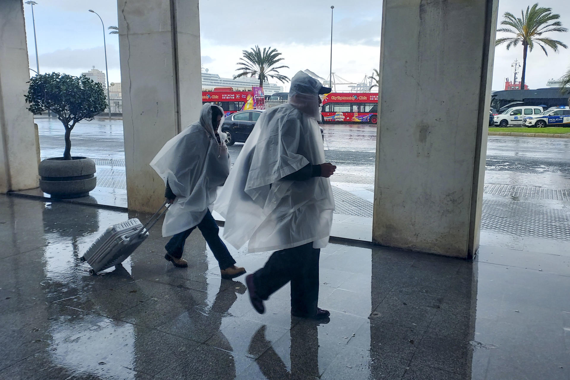 Varias personas se protegen de la lluvia en la última jornada del carnaval de Cádiz. EFE/Isabel laguna