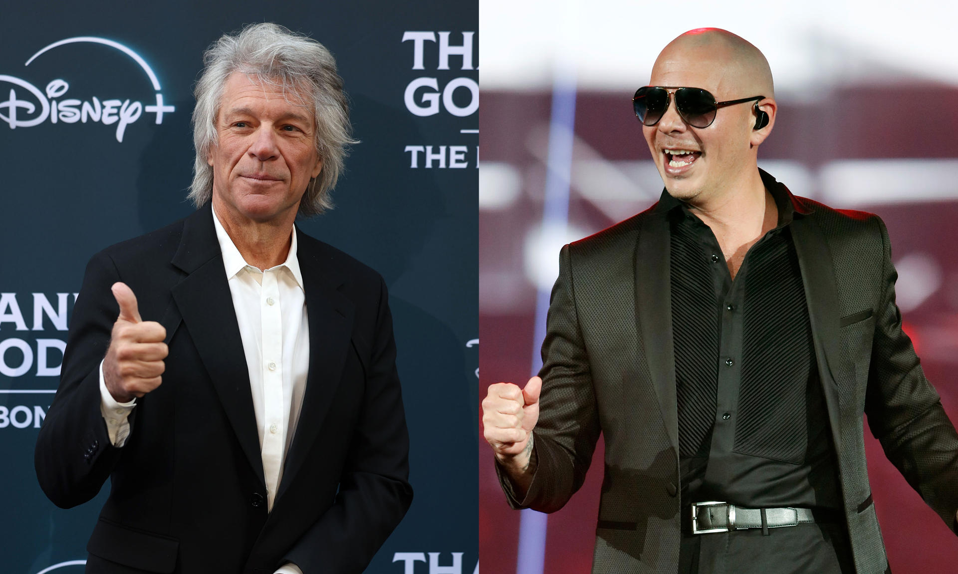 Combo de dos fotografías de archivo de los cantantes Bon Jovi y Pitbull. EFE/ Neil Hall / Kamil Krzaczynski