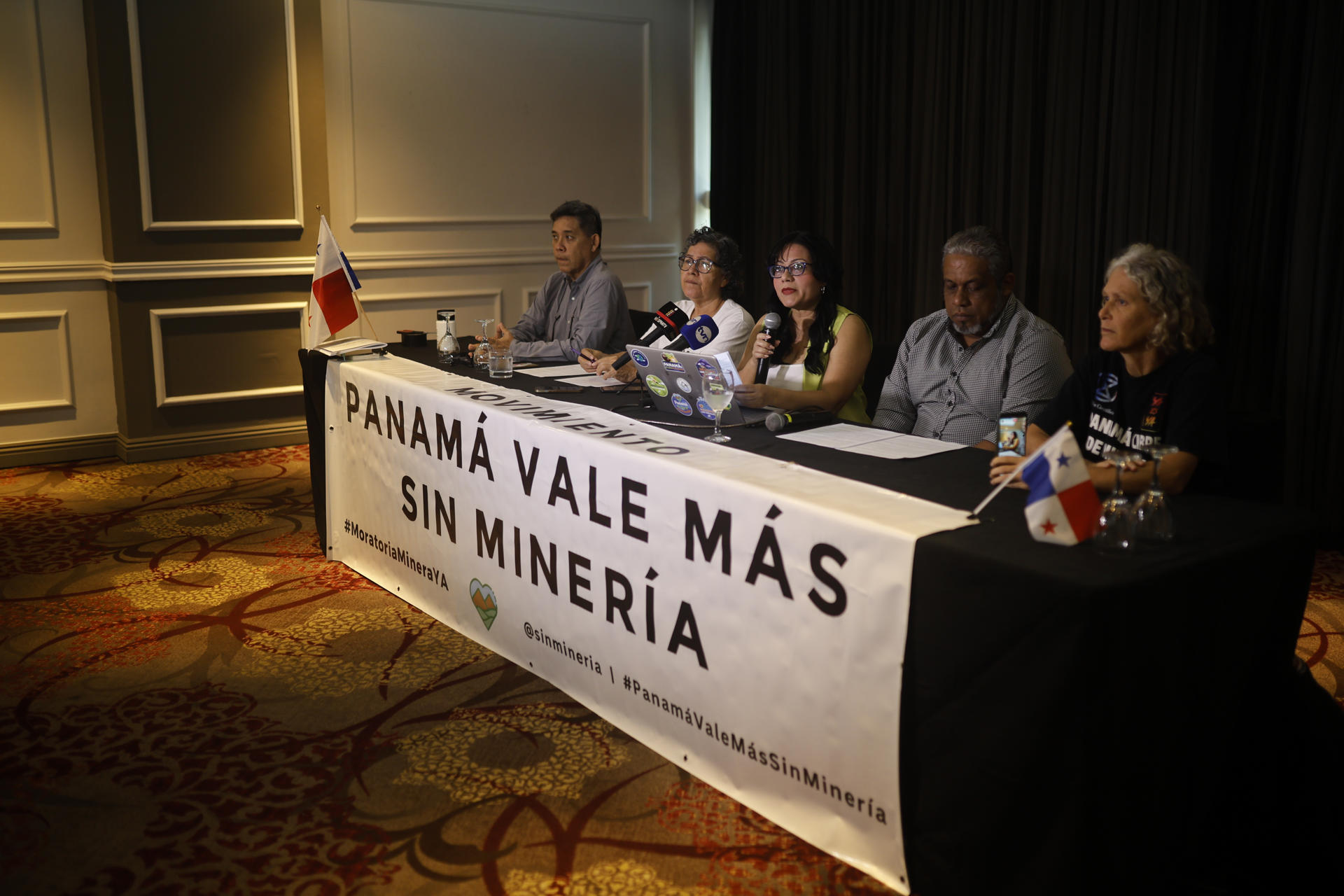 La directora ejecutiva del Centro de Incidencia Ambiental (CIAM) de Panamá, Lilian Guevara (c), habla en una rueda de prensa sobre minería, este jueves en Ciudad de Panamá (Panamá). EFE/ Bienvenido Velasco