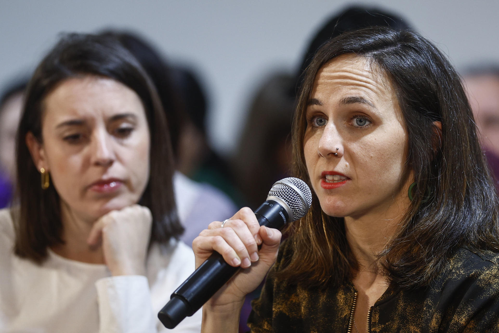 La secretaria general de Podemos, Ione Belarra, participa en un acto previo a la celebración de la quinta asamblea ciudadana estatal los días 11 y 12 de abril este jueves, en Madrid. EFE/ Rodrigo Jiménez