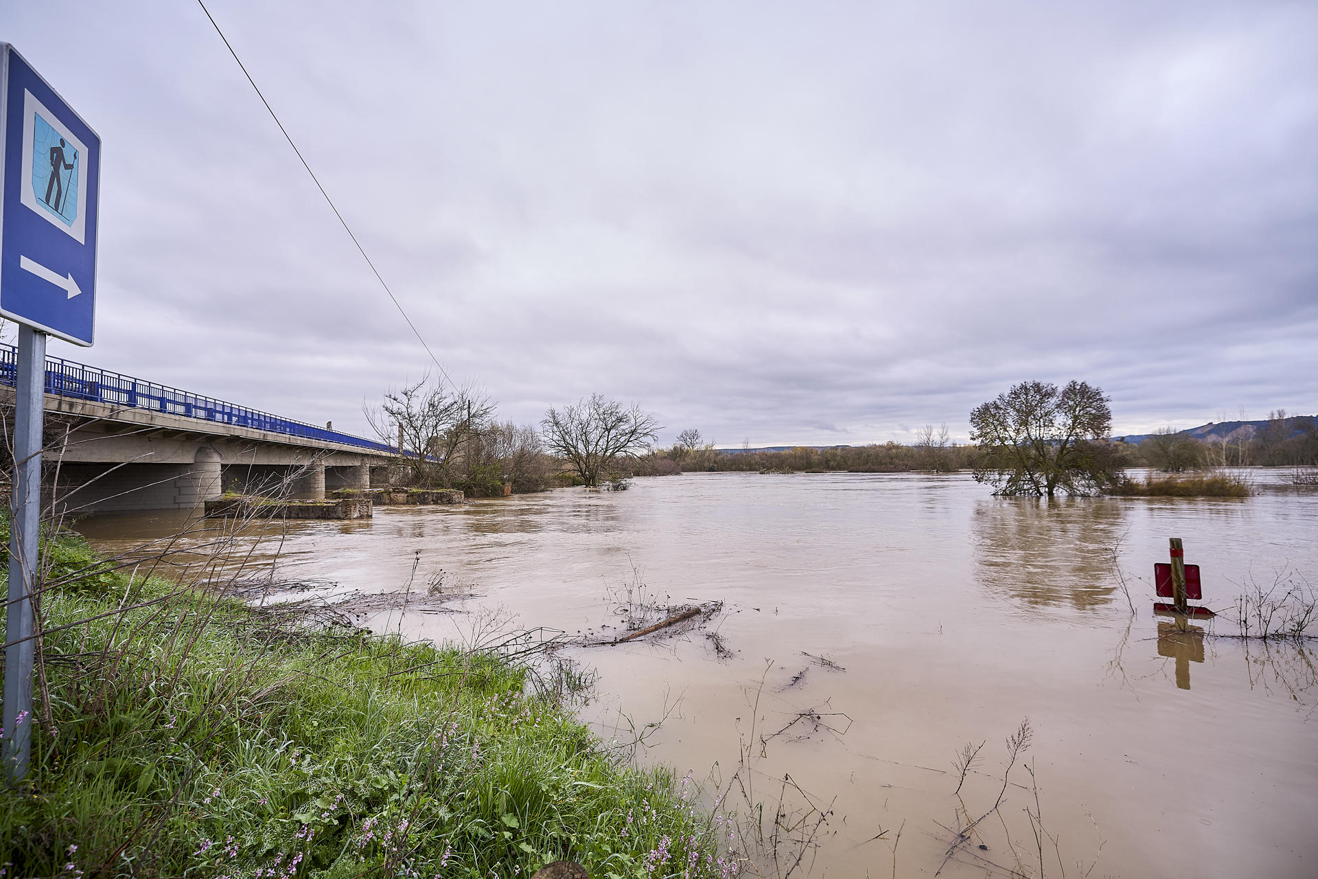 Vista de la crecida del río Alberche a su paso por Talavera de la Reina este miércoles. El Ayuntamiento de Talavera de la Reina (Toledo) ha alertado de que continúa el "riesgo alto de inundación" aunque la noche ha transcurrido "sin incidentes" y el nivel del río Tajo en la ciudad "ha subido, pero la situación se mantiene estable". EFE/Manu Reino