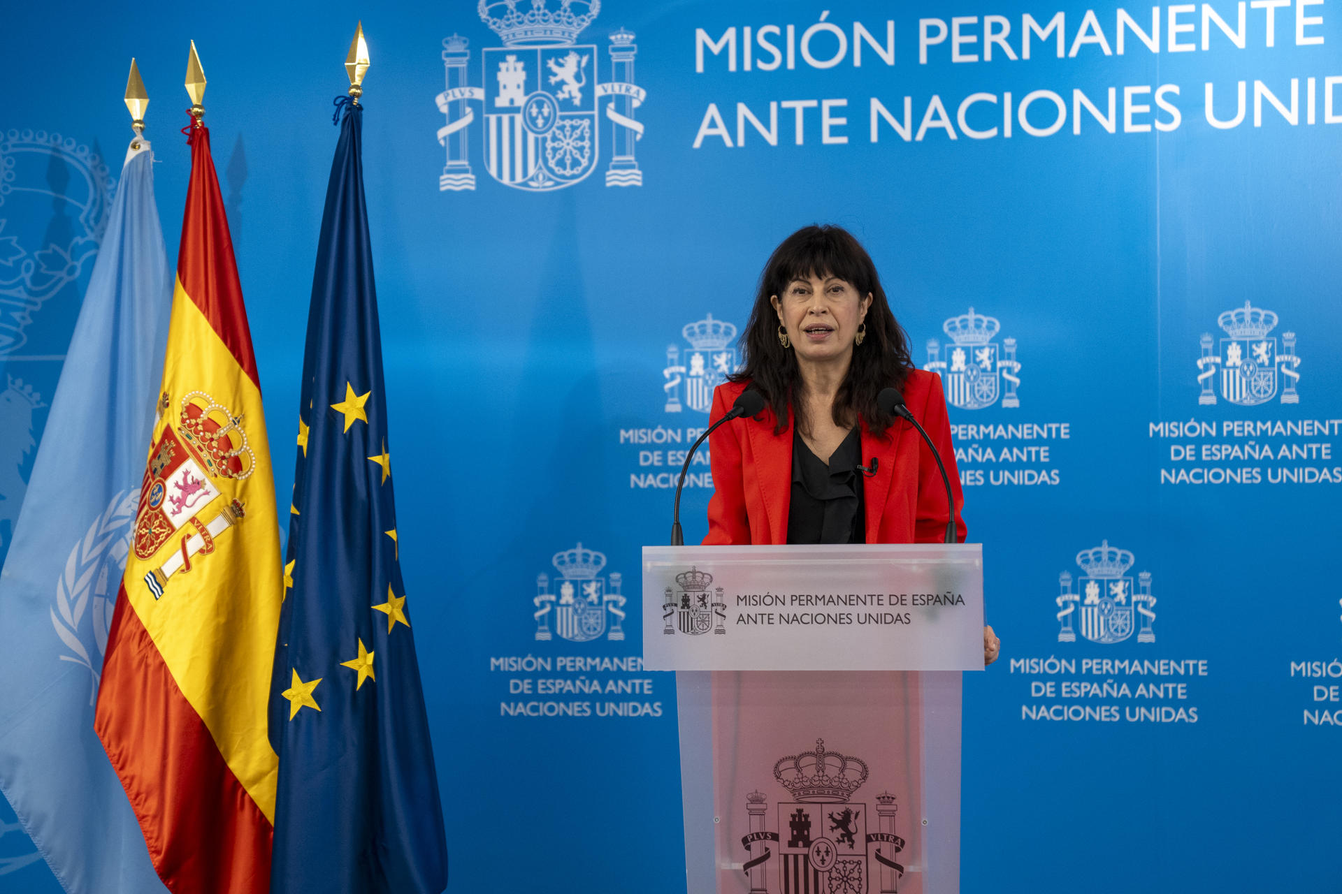 La ministra de Igualdad de España, Ana Redondo García, habla durante un evento en la Misión Permanente de España ante Naciones Unidas este 14 de marzo de 2025, en Nueva York (Estados Unidos). EFE/ Angel Colmenares
