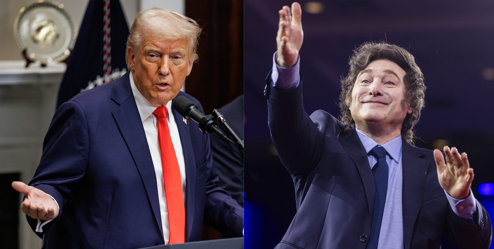 Combo de fotografías de archivo donde se observa al presidente de los Estados Unidos, Donald Trump (i), y al presidente de Argentina, Javier Milei. EFE/ Samuel Corum /jim Lo Scalzo