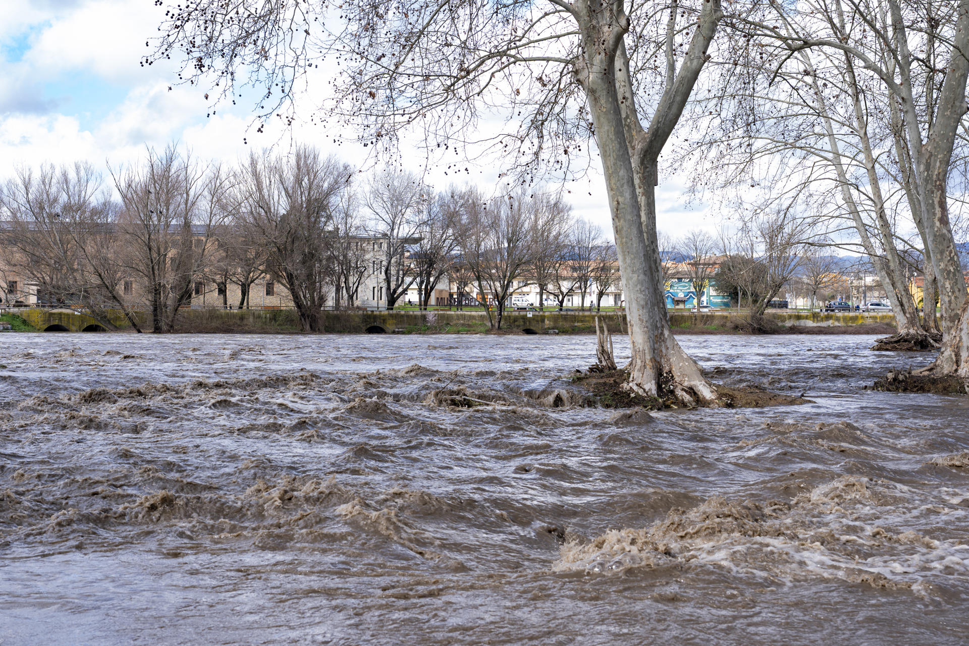 Vista de la crecida del caudal del río Ter, debido a las intensas lluvias de las últimas horas, a su paso por Manlleu (Barcelona) este domingo. EFE/Siu Wu