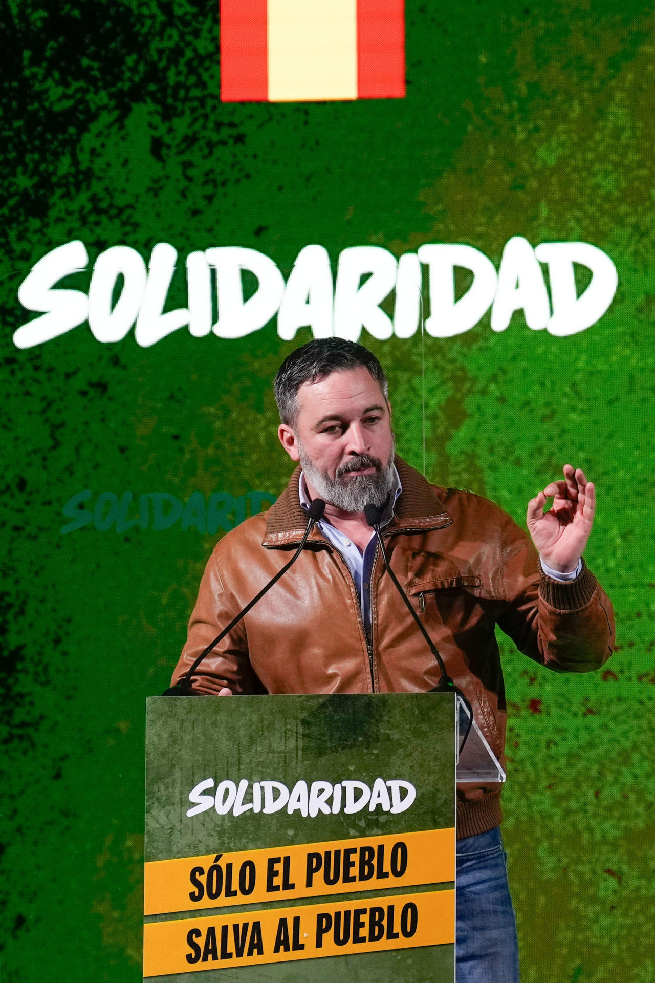 Santiago Abascal, durante su intervención en un acto conjunto del partido y el sindicato Solidaridad, afín a la formación, celebrado este sábado en Madrid. EFE/Borja Sánchez-Trillo