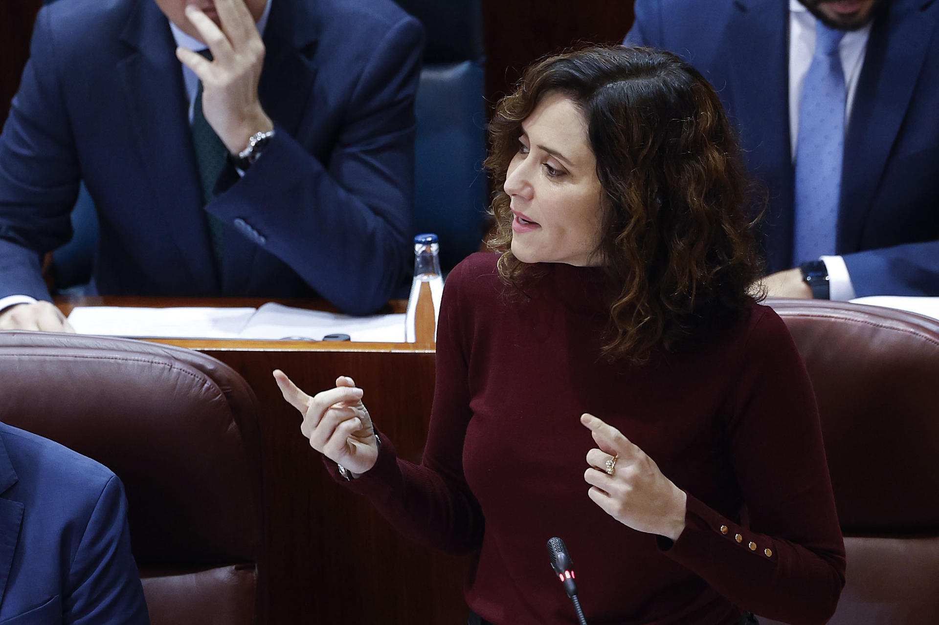 La presidenta de la comunidad de Madrid, Isabel Díaz Ayuso, interviene en el pleno de la Asamblea de Madrid, este jueves en Madrid. EFE/ J.P. Gandul