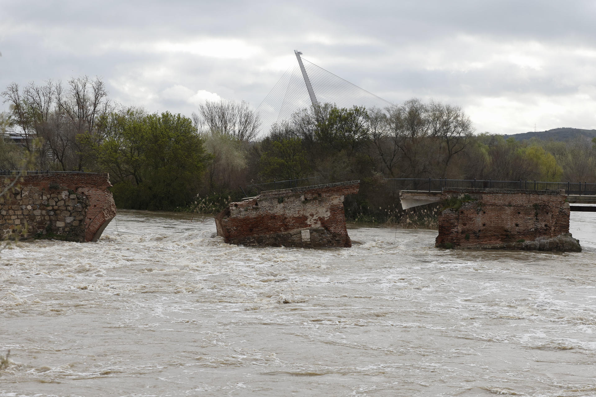 Vista del puente viejo o 'romano' derrumbado por la crecida del río Tajo a su paso por Talavera de la Reina, este domingo. EFE/Manu Reino