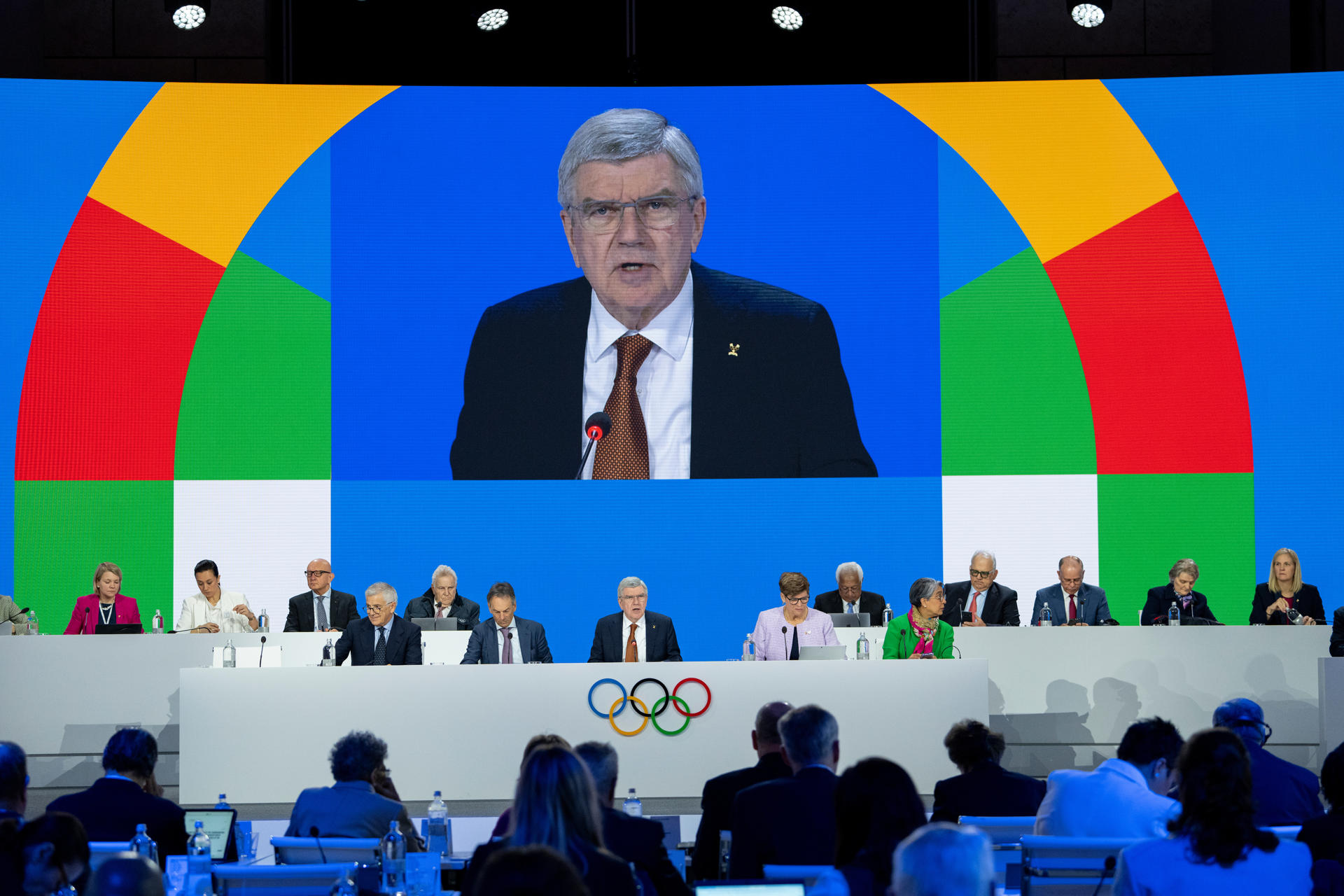 El presidente del COI, Thomas Bach, durante la 144 Sesión del COI, este jueves en Costa Navarino, Grecia EFE/ COI/Greg Martin