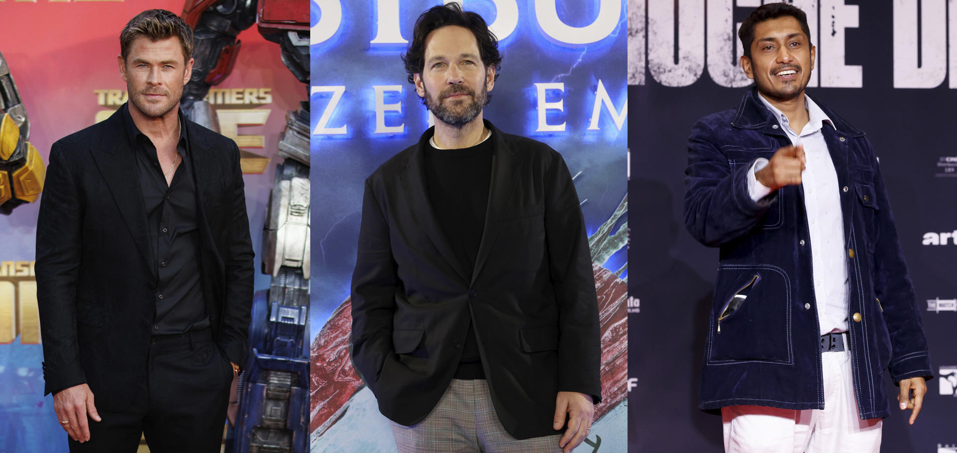 Combo de fotografías donde aparece el actor australiano Chris Hemsworth (i), el actor estadounidense Paul Rudd (c), y el actor mexicano Tenoch Huerta. EFE/ Tolga Akmen / Andy Rain / José Méndez