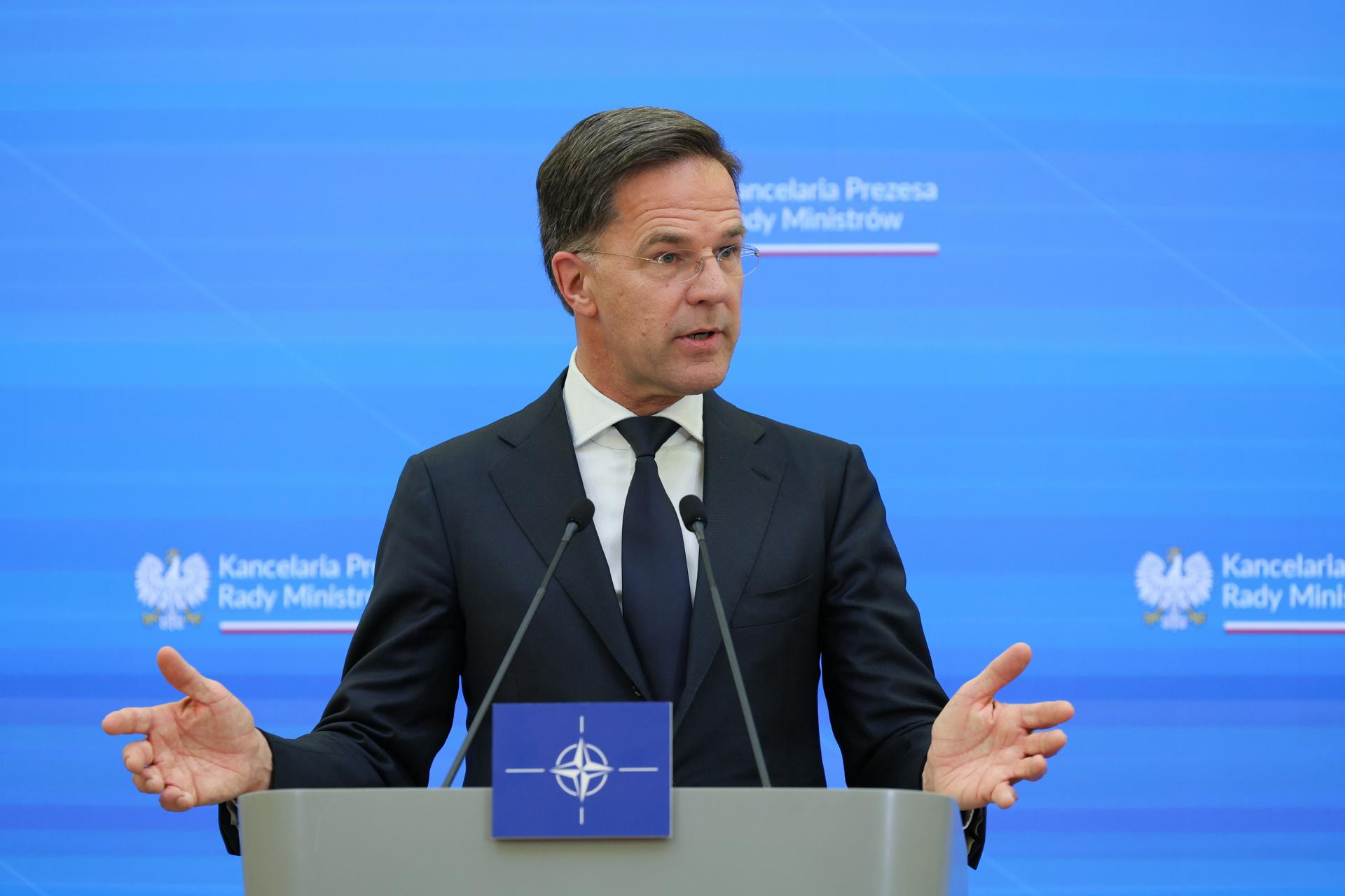 El secretario general de la OTAN, Mark Rutte, en una rueda de prensa en la Oficina del Primer Ministro polaco en Varsovia, el 26 de marzo de 2025. EFE/EPA/Pawel Supernak POLAND OUT