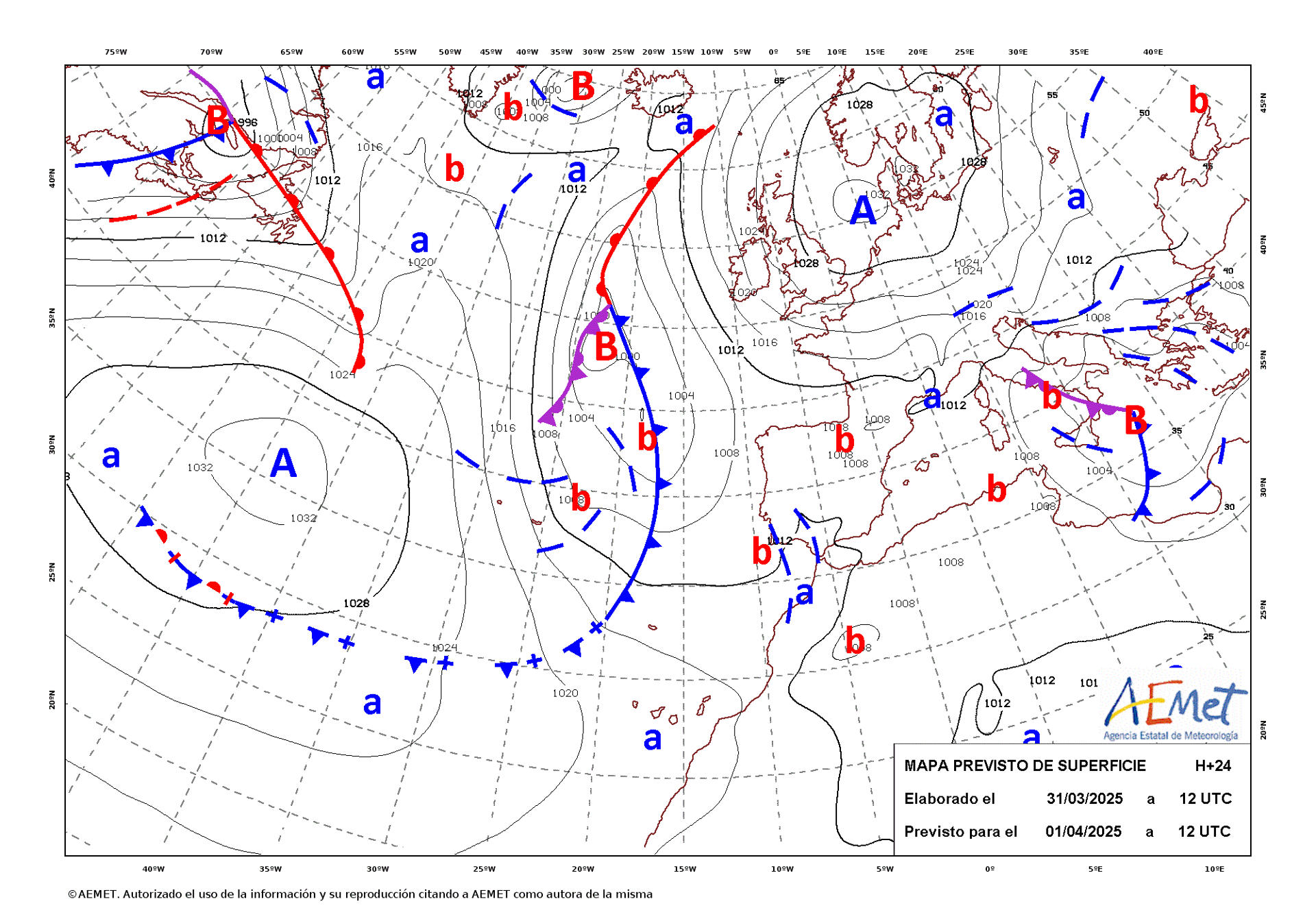 Mapa de isobaras facilitado por la Aemet previsto para el 01/04/2025.- EFE ***SOLO USO EDITORIAL/SOLO DISPONIBLE PARA ILUSTRAR LA NOTICIA QUE ACOMPAÑA (CRÉDITO OBLIGATORIO)***