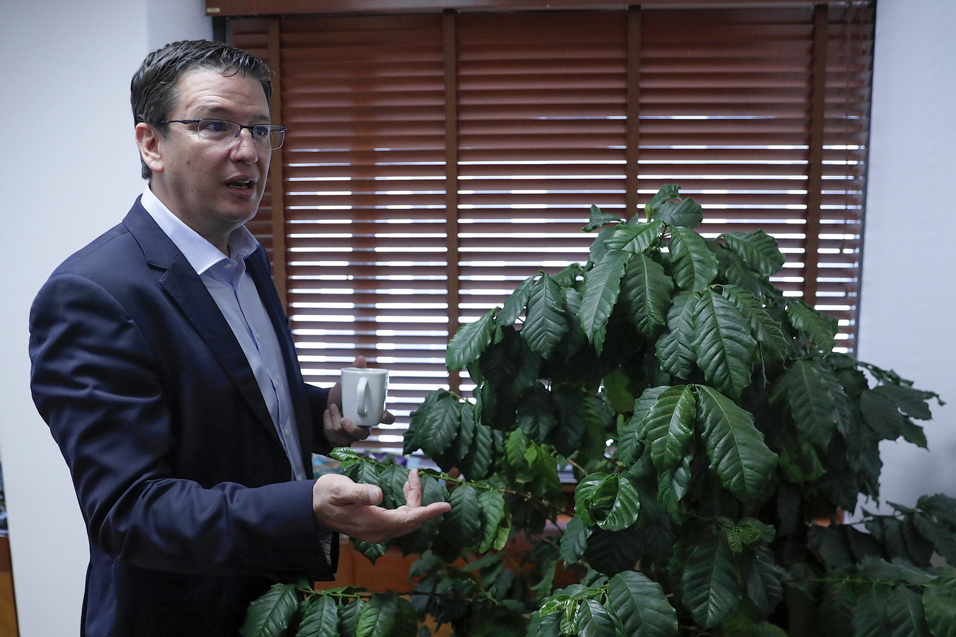 El presidente de la Federación Nacional de Cafeteros (FNC), Germán Bahamón, habla durante entrevista con EFE este miércoles, en Bogotá (Colombia). EFE/ Carlos Ortega
