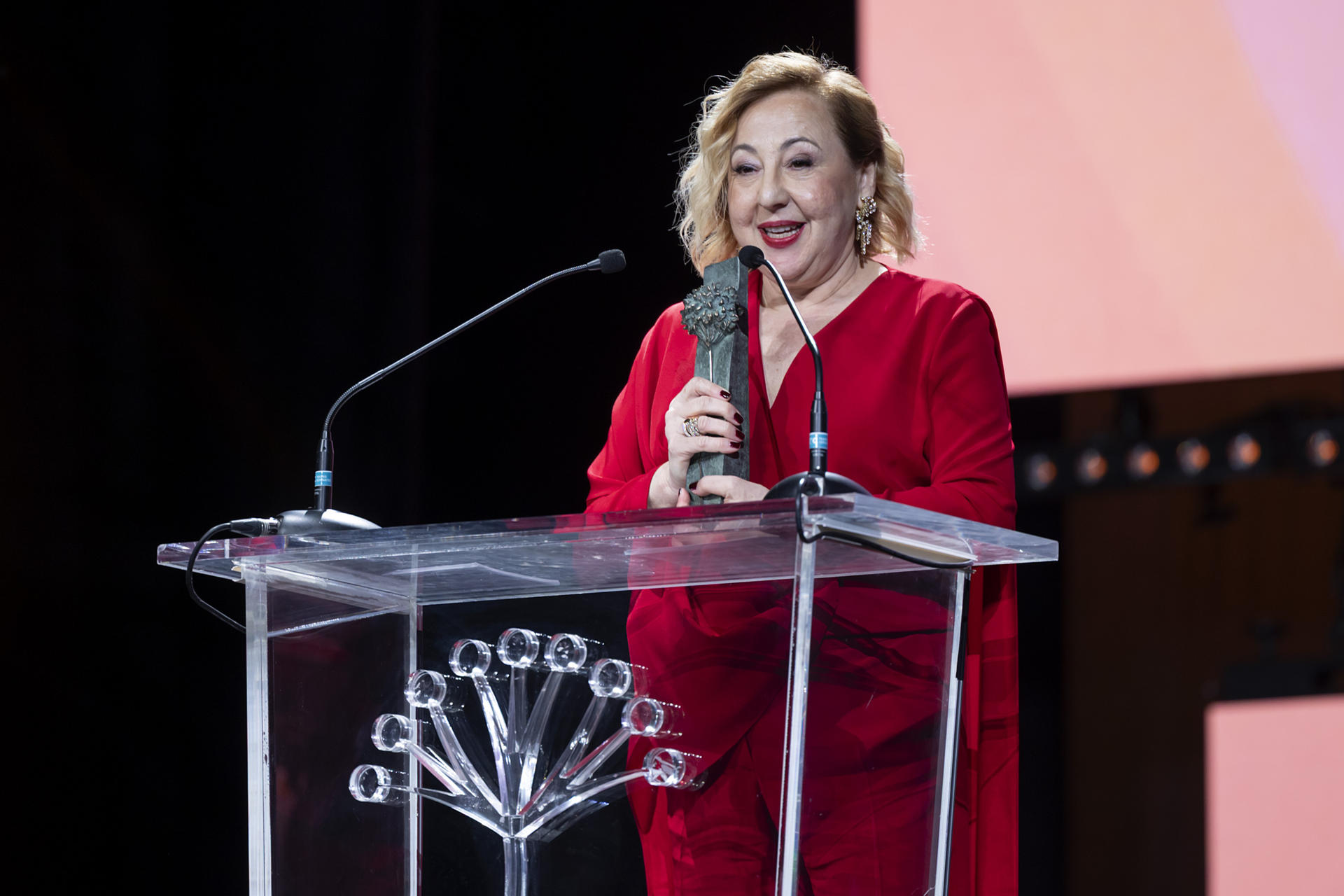 La actriz Carmen Machi tras recibir el Premio Málaga-Sur durante la 28º edición del Festival de Cine de Málaga que se celebra este sábado en el Teatro Albéniz de la capital malacitana. EFE/Daniel Pérez.