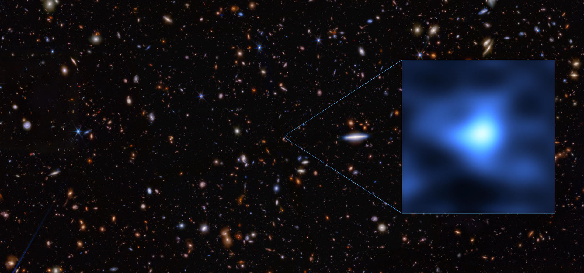 La imagen muestra la ubicación precisa en el cielo nocturno de la galaxia JADES-GS-z14-0, un punto extremadamente pequeño en la constelación de Fornax; a día de hoy, es la galaxia conocida más distante de la Tierra.Imagen: ESO/NASA/ESA/CSA