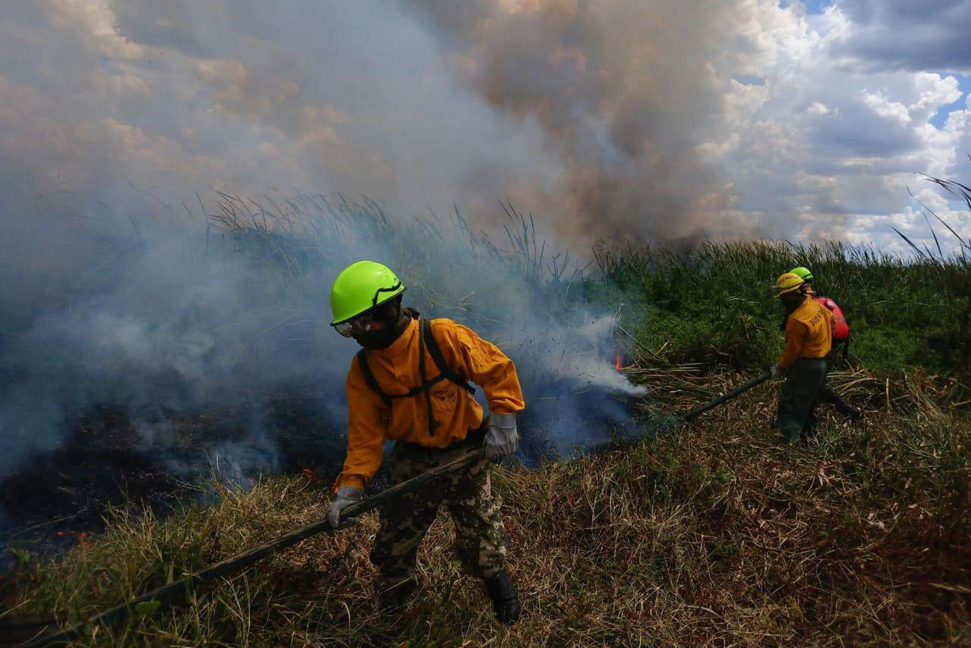 Fotografía cedida de integrantes de bomberos forestales del Ejército paraguayo trabajando en un incendio forestal en la zona de Ciervo Cua este 8 de marzo de 2025, en San Bernardino (Paraguay). EFE/ Ministerio de Defensa de Paraguay